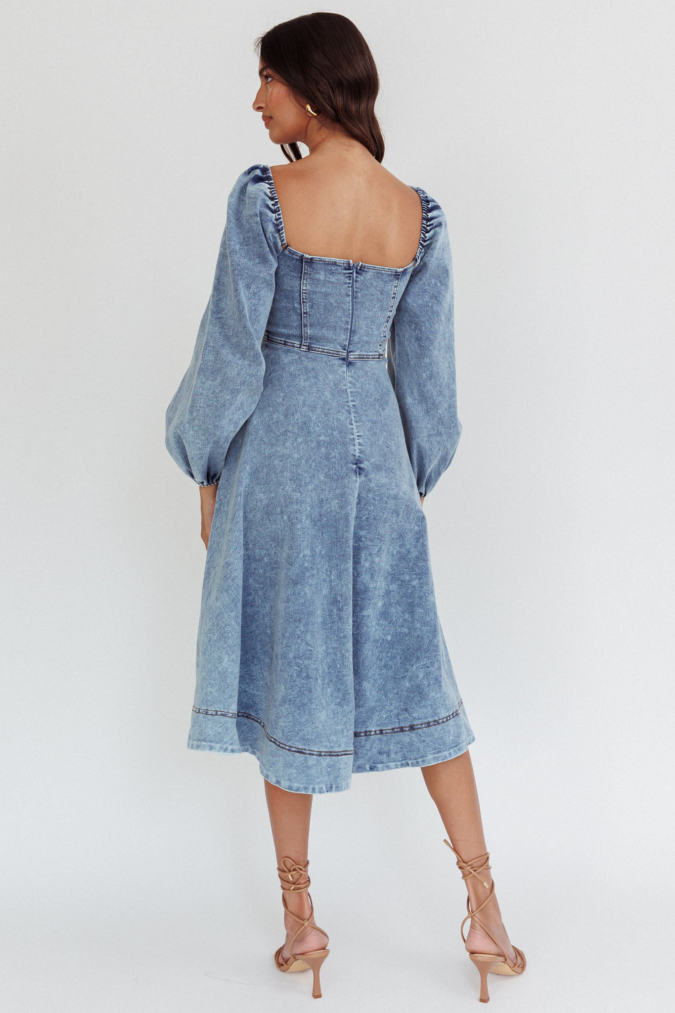 Jeanie Bow Shoulder Midi Dress Denim Blue by Selfie Leslie Australia