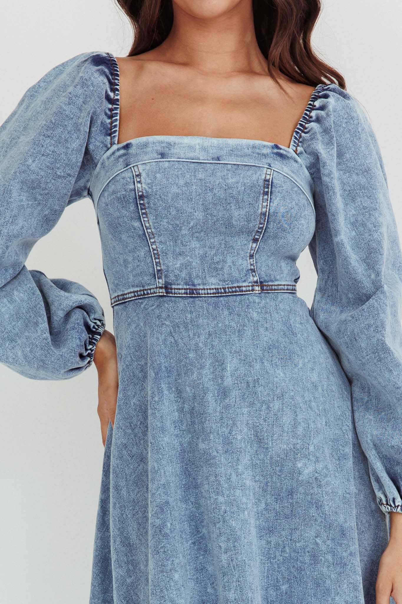 Jeanie Bow Shoulder Midi Dress Denim Blue by Selfie Leslie Australia