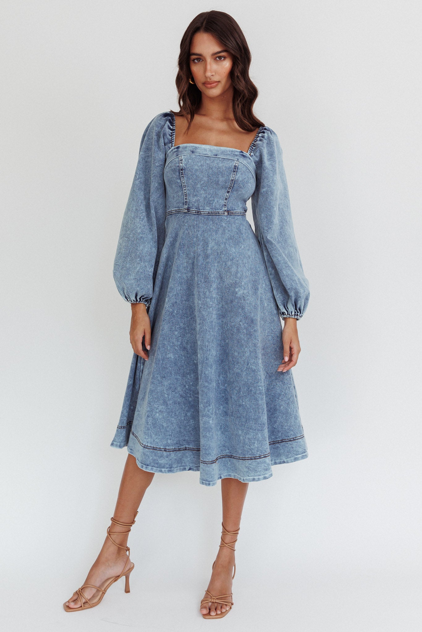 Jeanie Bow Shoulder Midi Dress Denim Blue by Selfie Leslie Australia