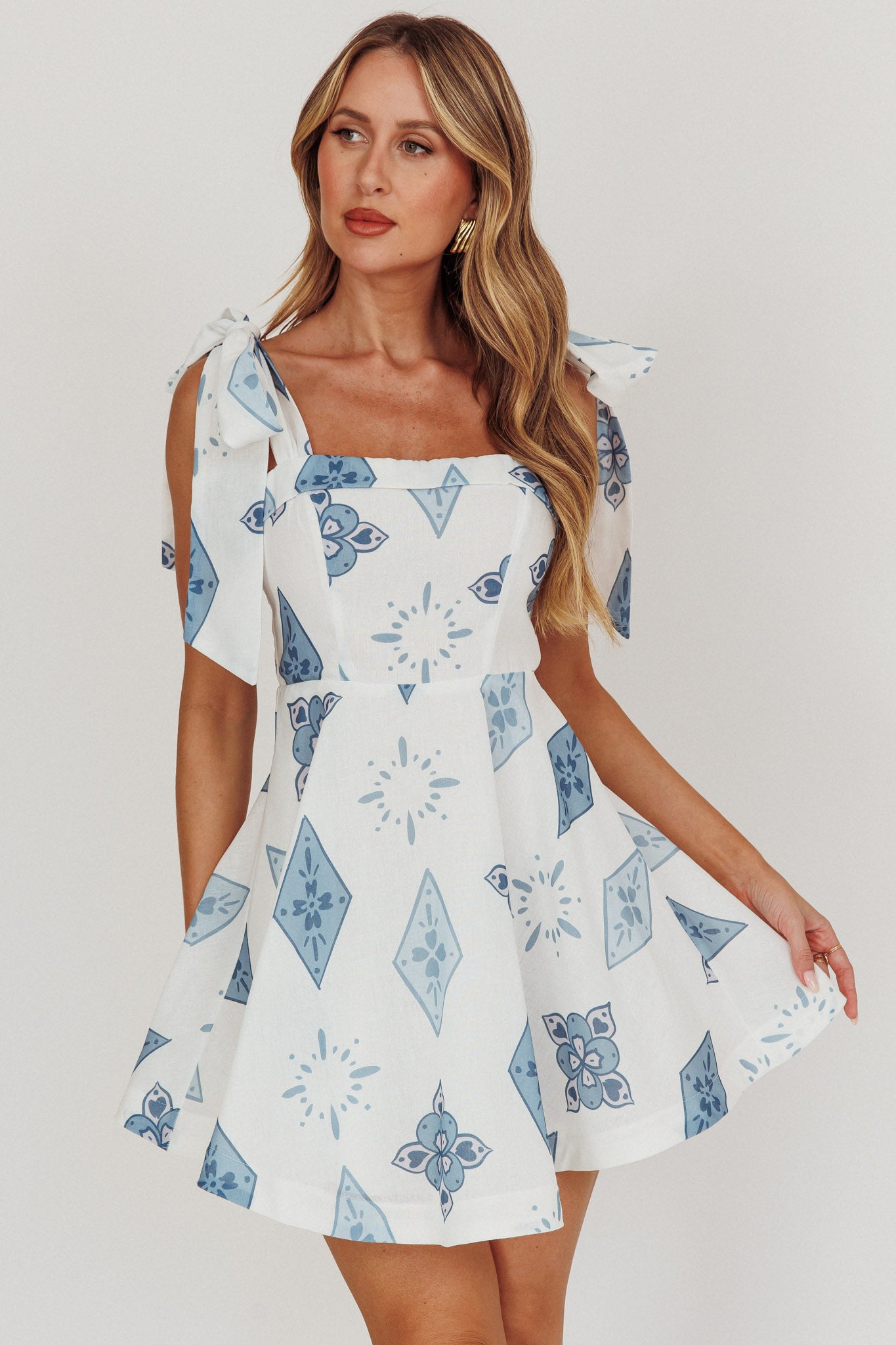 Jeanie Tied Shoulder Mini Dress Blue by Selfie Leslie Australia