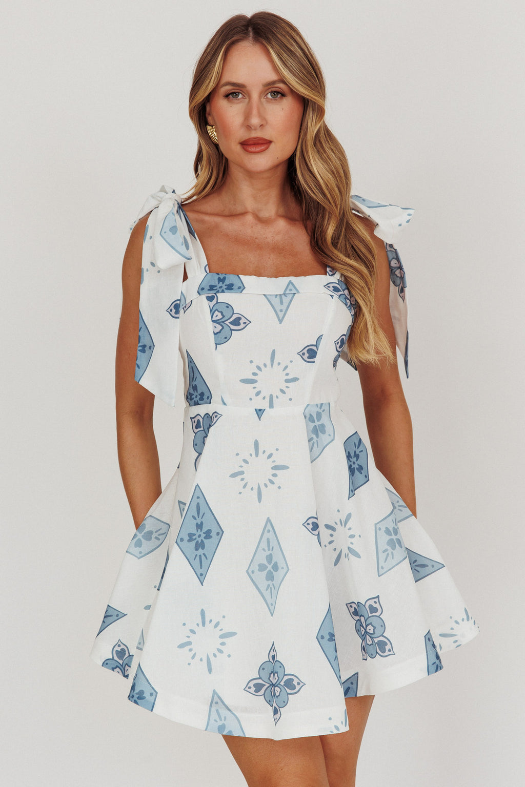 Jeanie Tied Shoulder Mini Dress Blue by Selfie Leslie Australia
