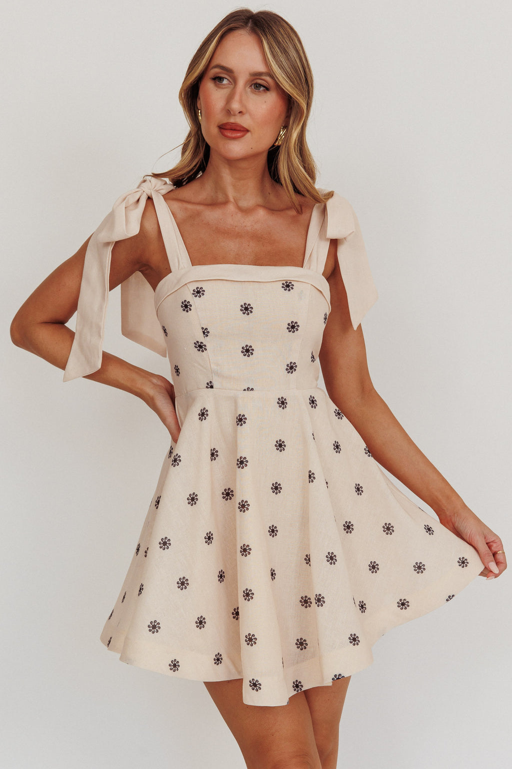 Jeanie Tied Shoulder Mini Dress Oat by Selfie Leslie Australia