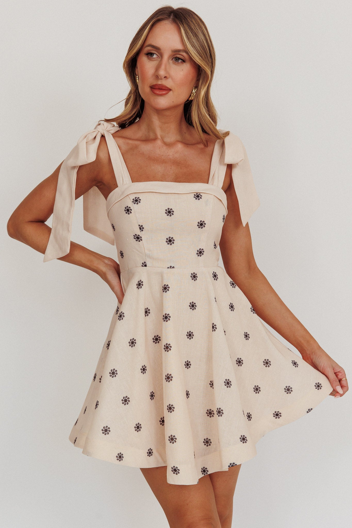 Jeanie Tied Shoulder Mini Dress Oat by Selfie Leslie Australia