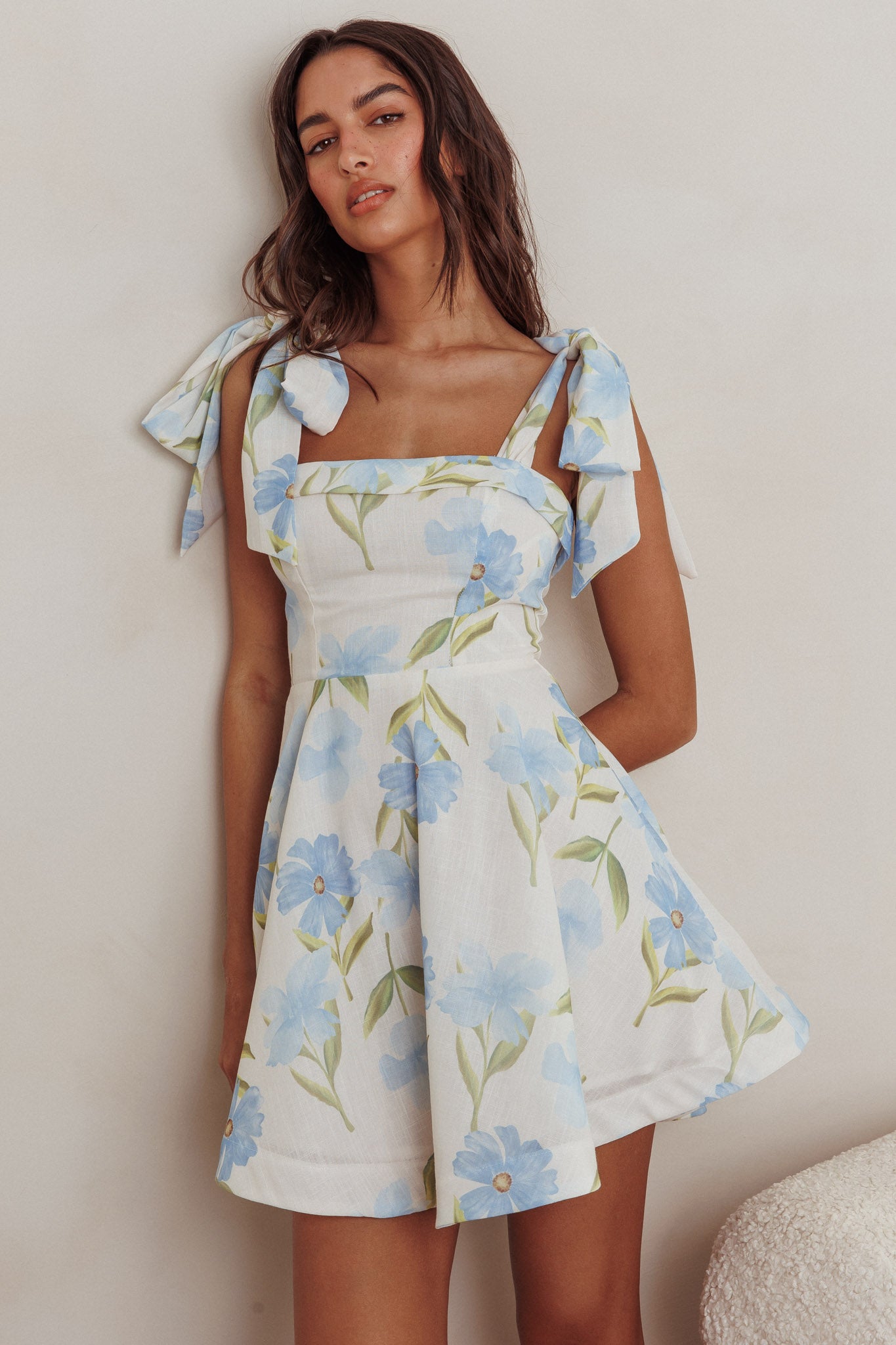 Jeanie Tied Shoulder Mini Dress Flower Blue by Selfie Leslie Australia