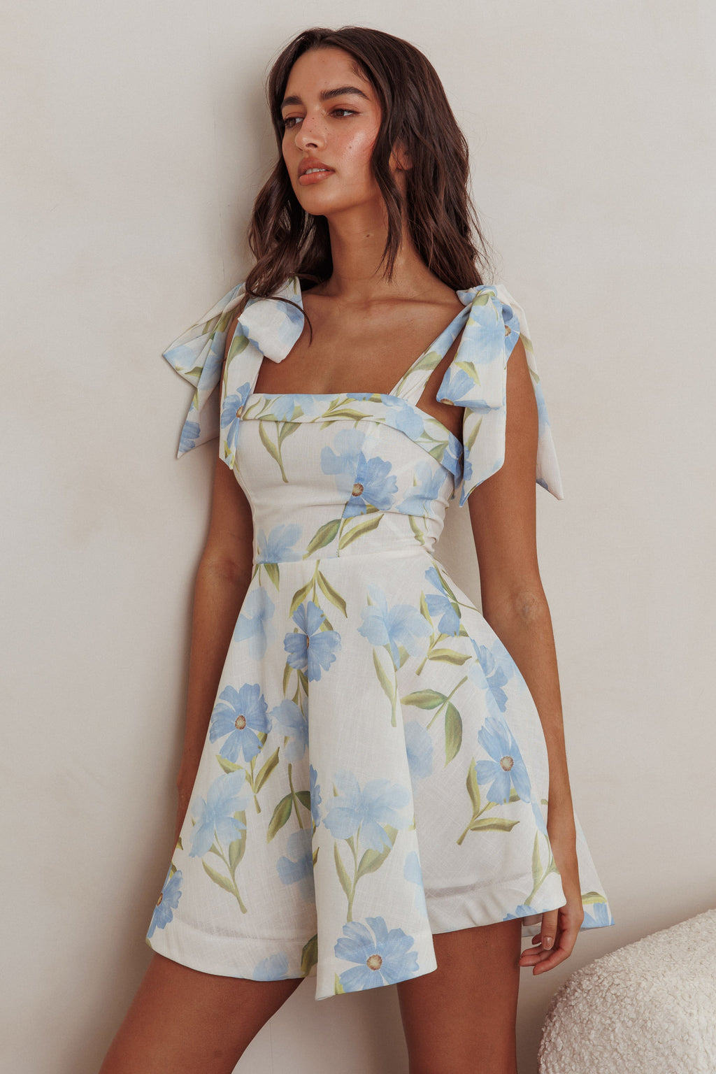 Jeanie Tied Shoulder Mini Dress Flower Blue by Selfie Leslie Australia