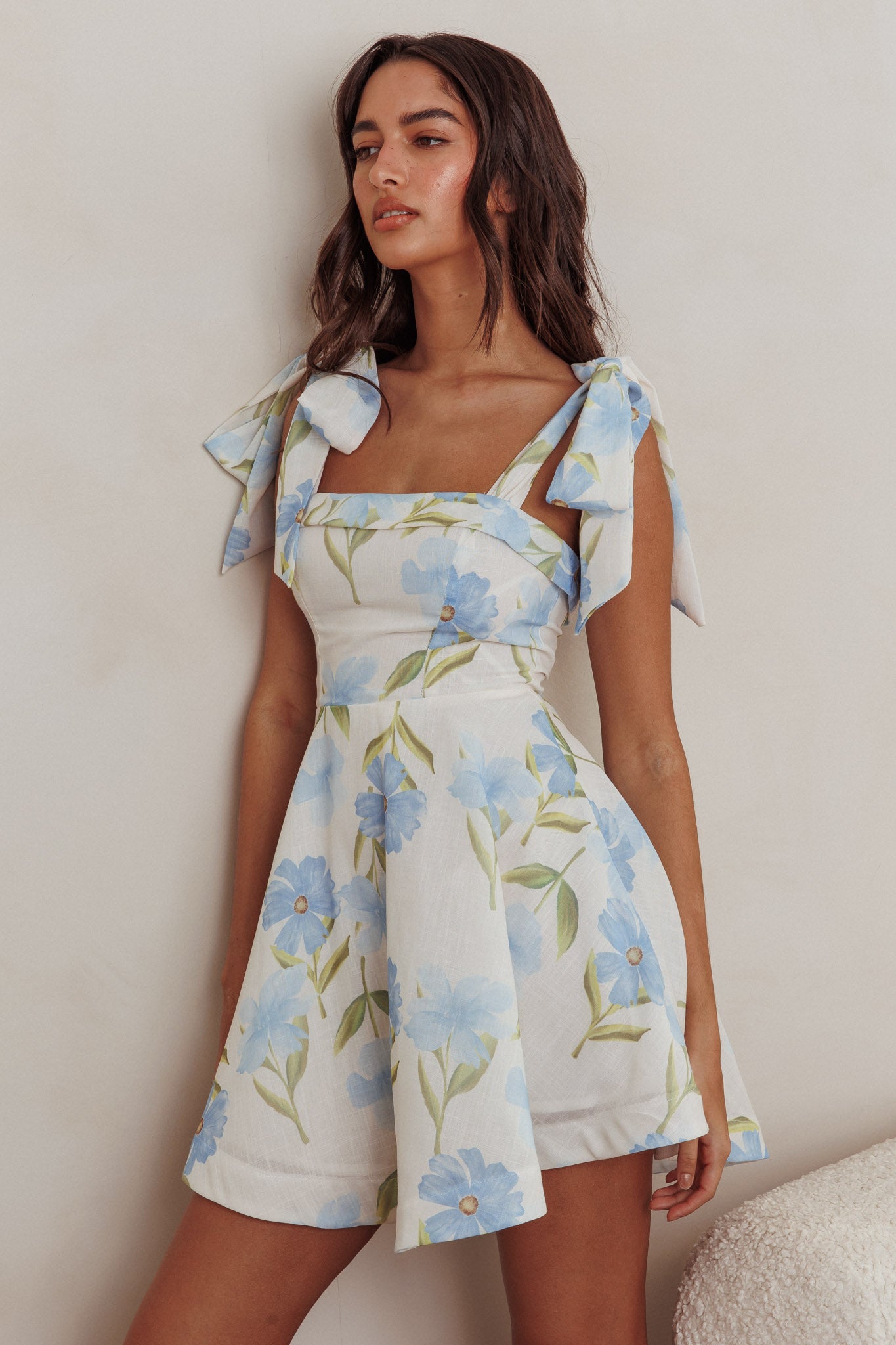 Jeanie Tied Shoulder Mini Dress Flower Blue by Selfie Leslie Australia