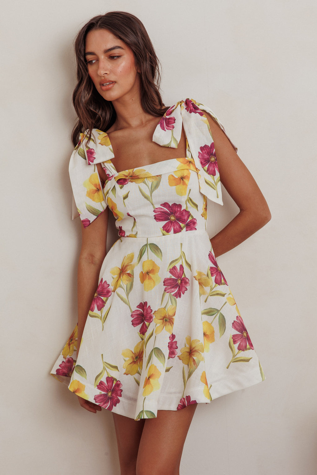 Jeanie Tied Shoulder Mini Dress Flower Purple by Selfie Leslie Australia