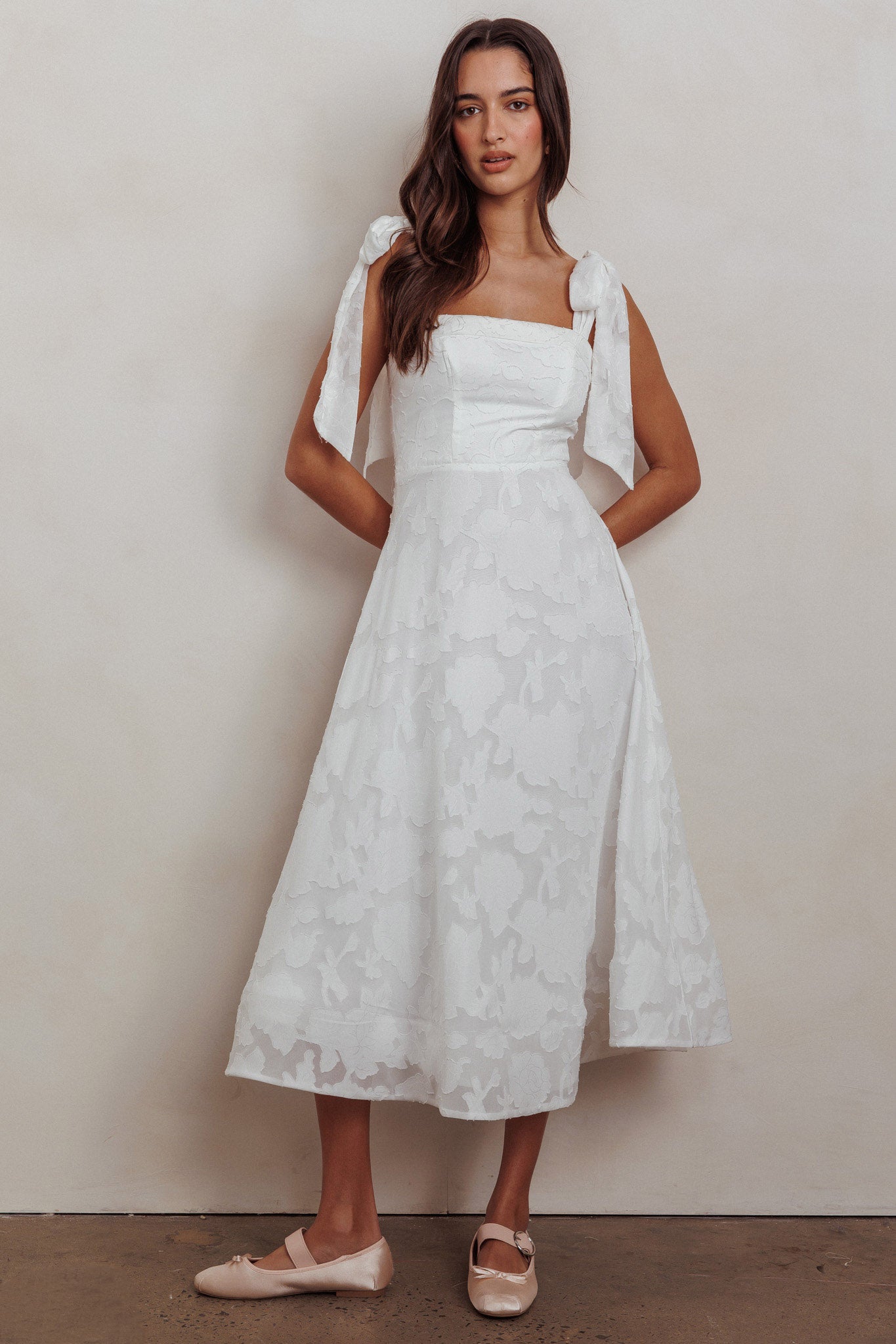 Jeanie Bow Shoulder Midi Dress Embossed White by Selfie Leslie