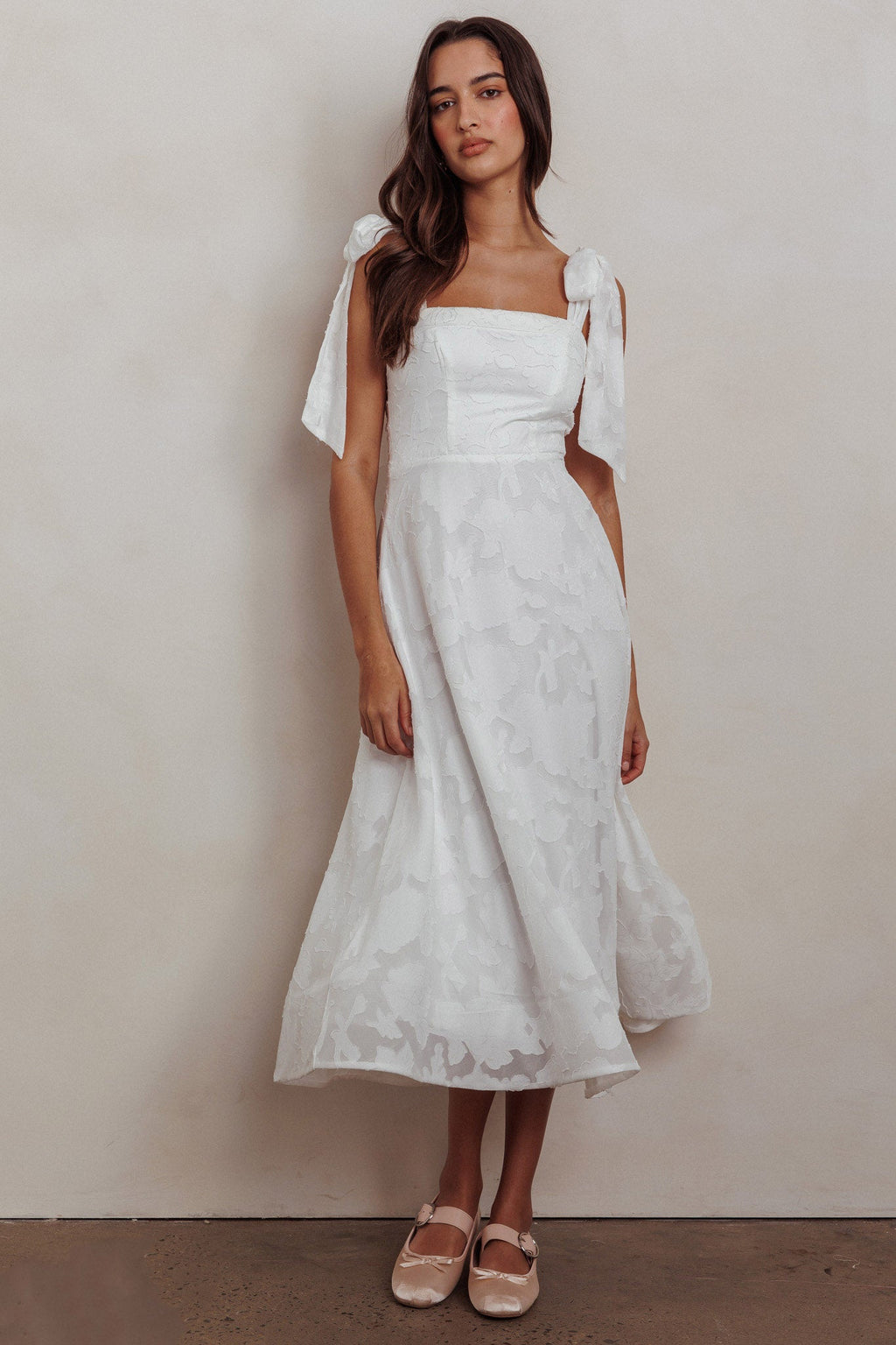 Jeanie Bow Shoulder Midi Dress Embossed White by Selfie Leslie