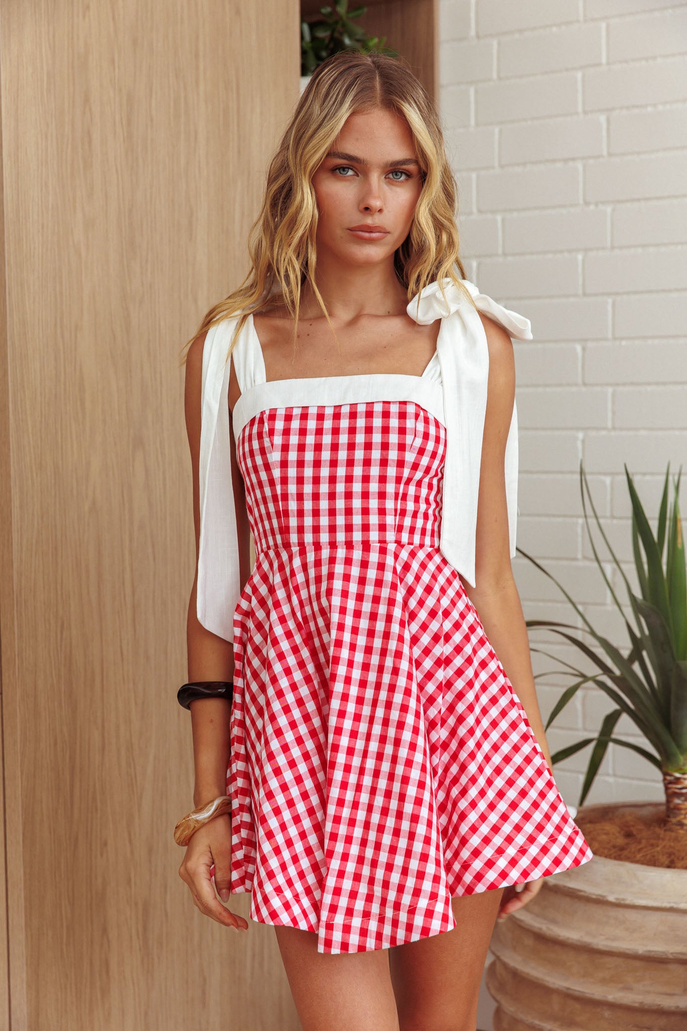 Jeanie Tied Shoulder Mini Dress Gingham Red by Selfie Leslie Australia