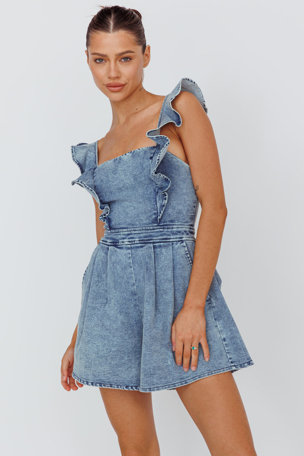 Nola Flared Ruffle Romper Denim by Selfie Leslie Australia