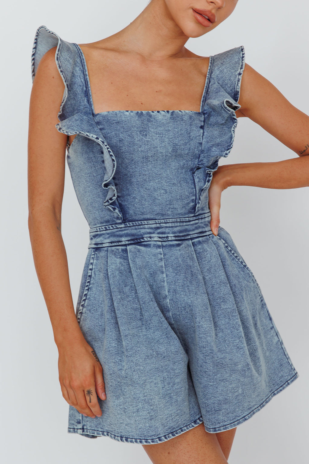 Nola Flared Ruffle Romper Denim by Selfie Leslie Australia