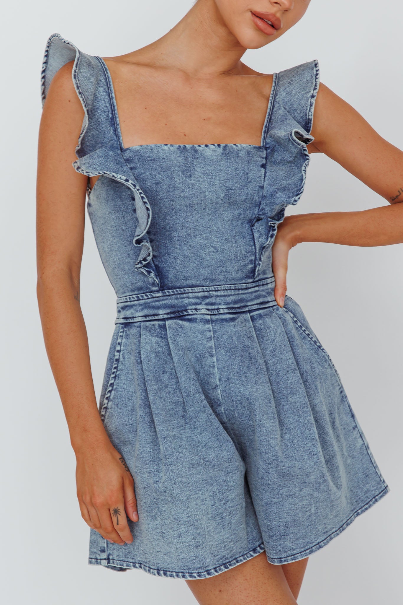Nola Flared Ruffle Romper Denim by Selfie Leslie Australia