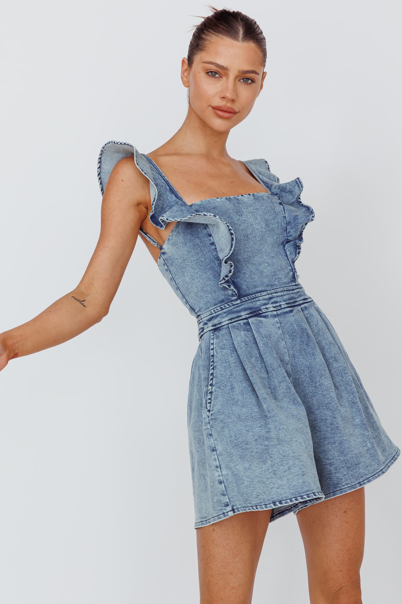 Nola Flared Ruffle Romper Denim by Selfie Leslie Australia