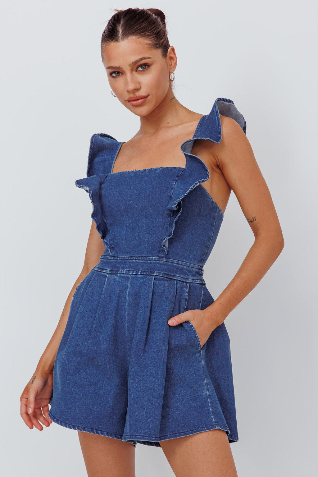 Nola Flared Ruffle Romper Light Denim by Selfie Leslie Australia