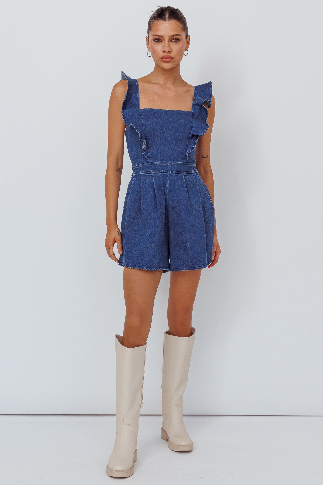 Nola Flared Ruffle Romper Light Denim by Selfie Leslie Australia