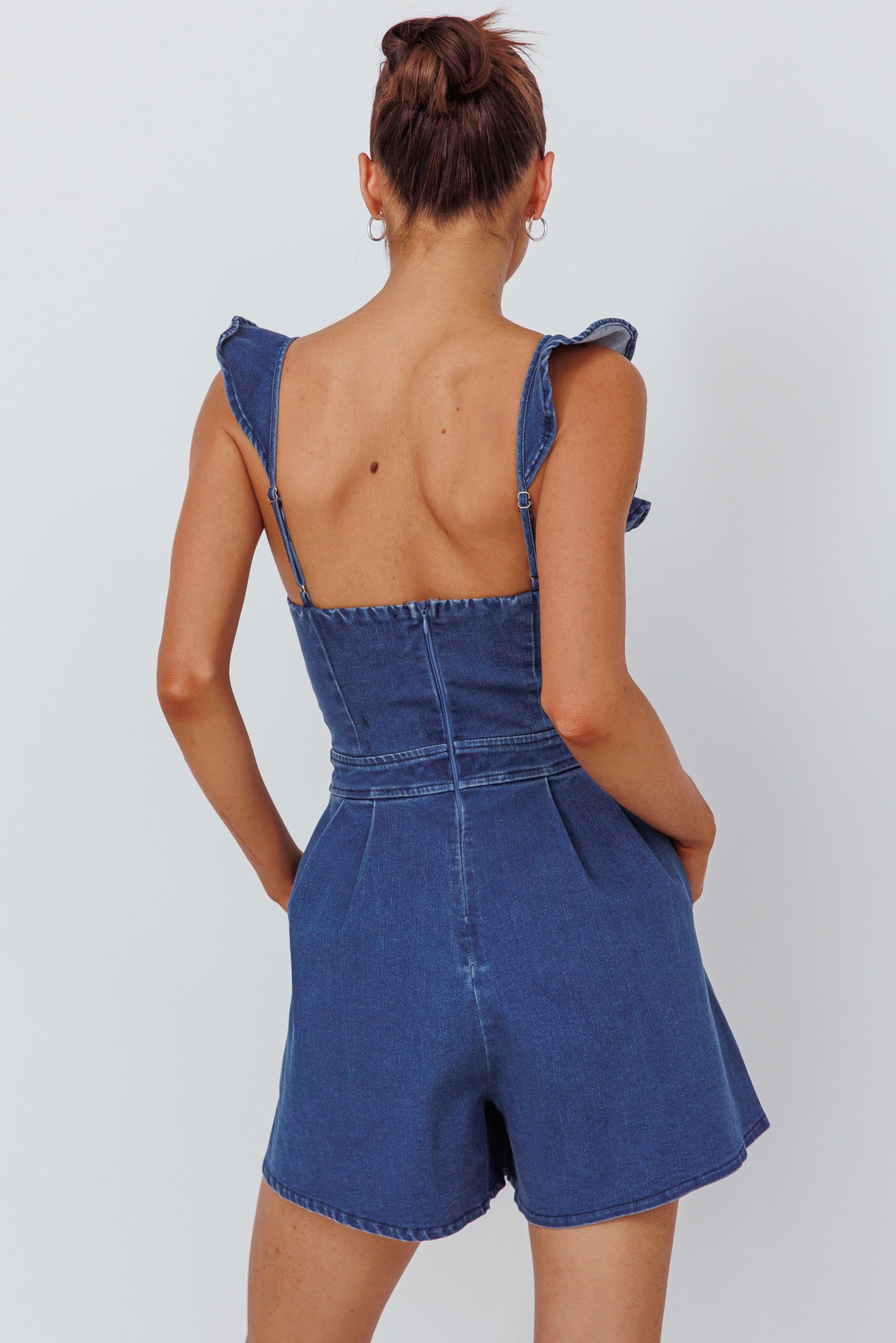 Nola Flared Ruffle Romper Light Denim by Selfie Leslie Australia