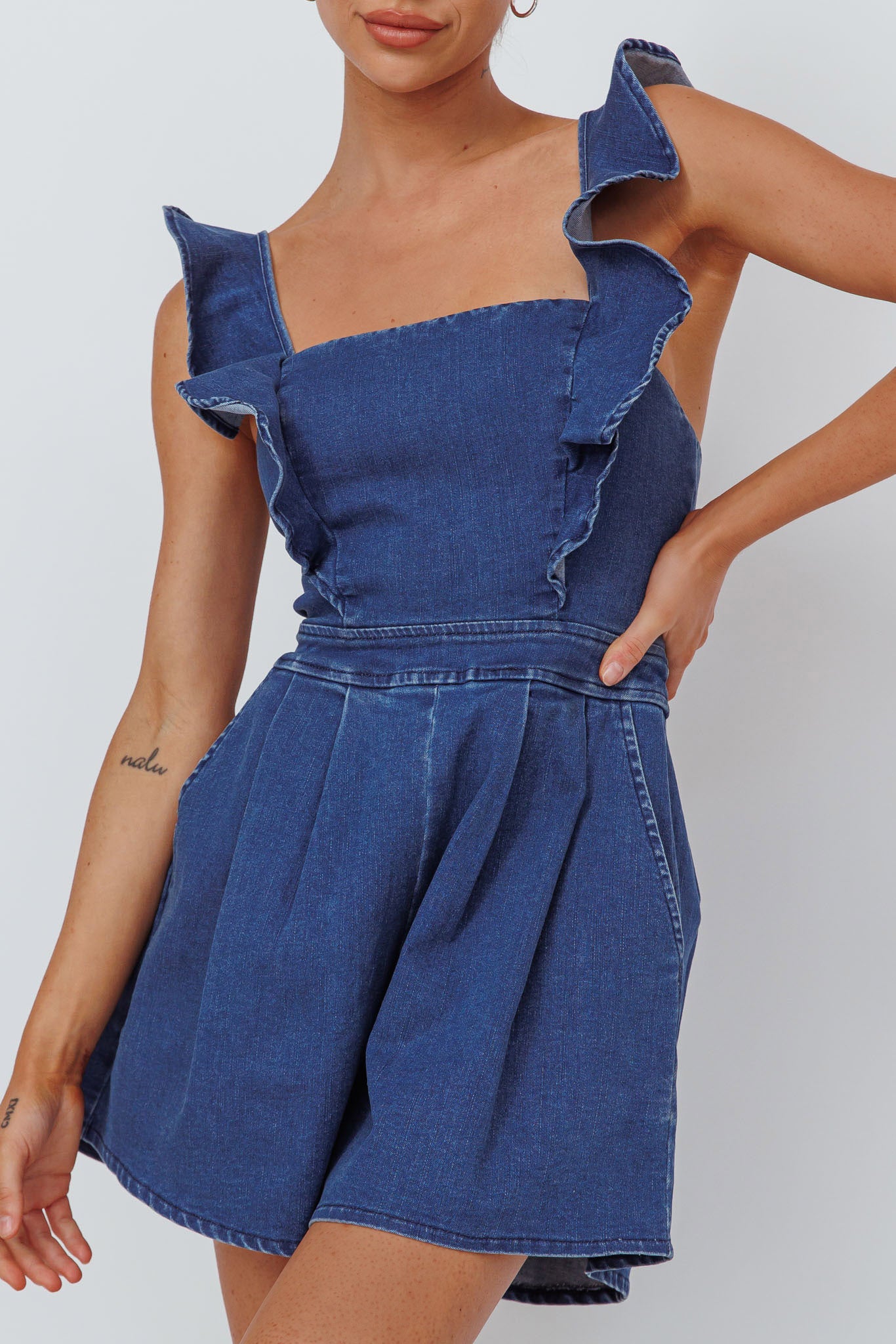 Nola Flared Ruffle Romper Light Denim by Selfie Leslie Australia