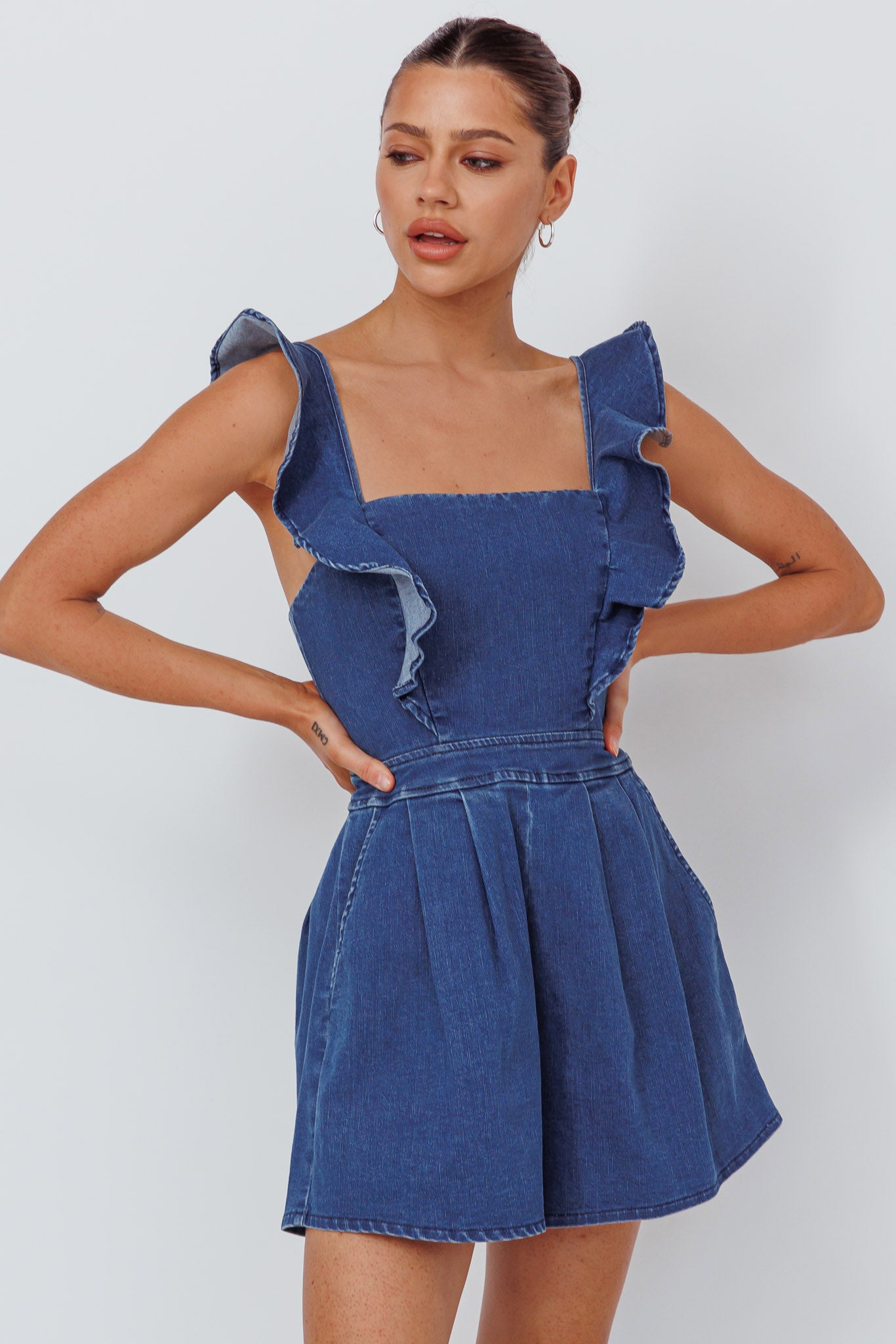Nola Flared Ruffle Romper Light Denim by Selfie Leslie Australia