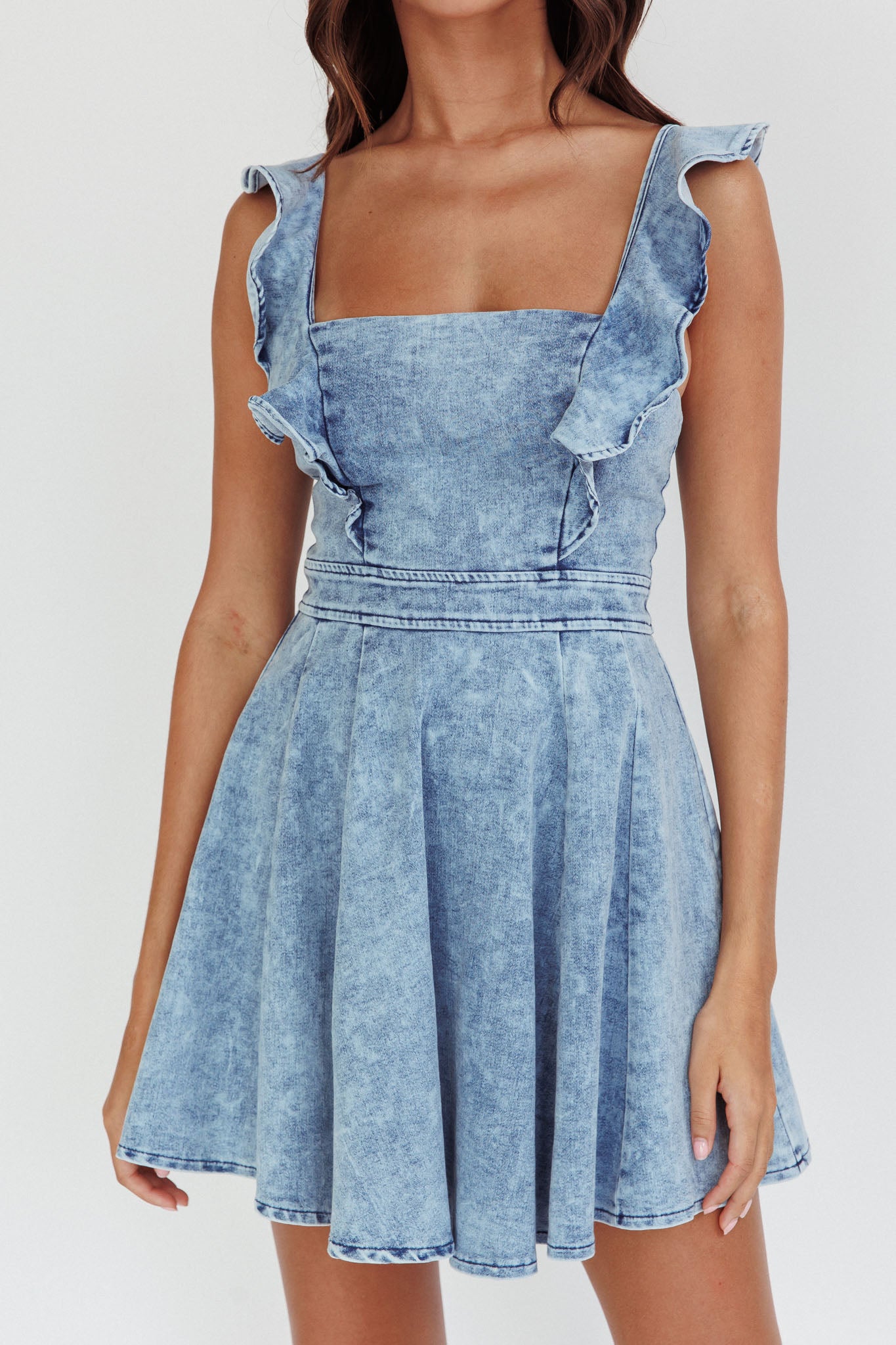 Nola Ruffle Strap Mini Dress Light Denim by Selfie Leslie Australia