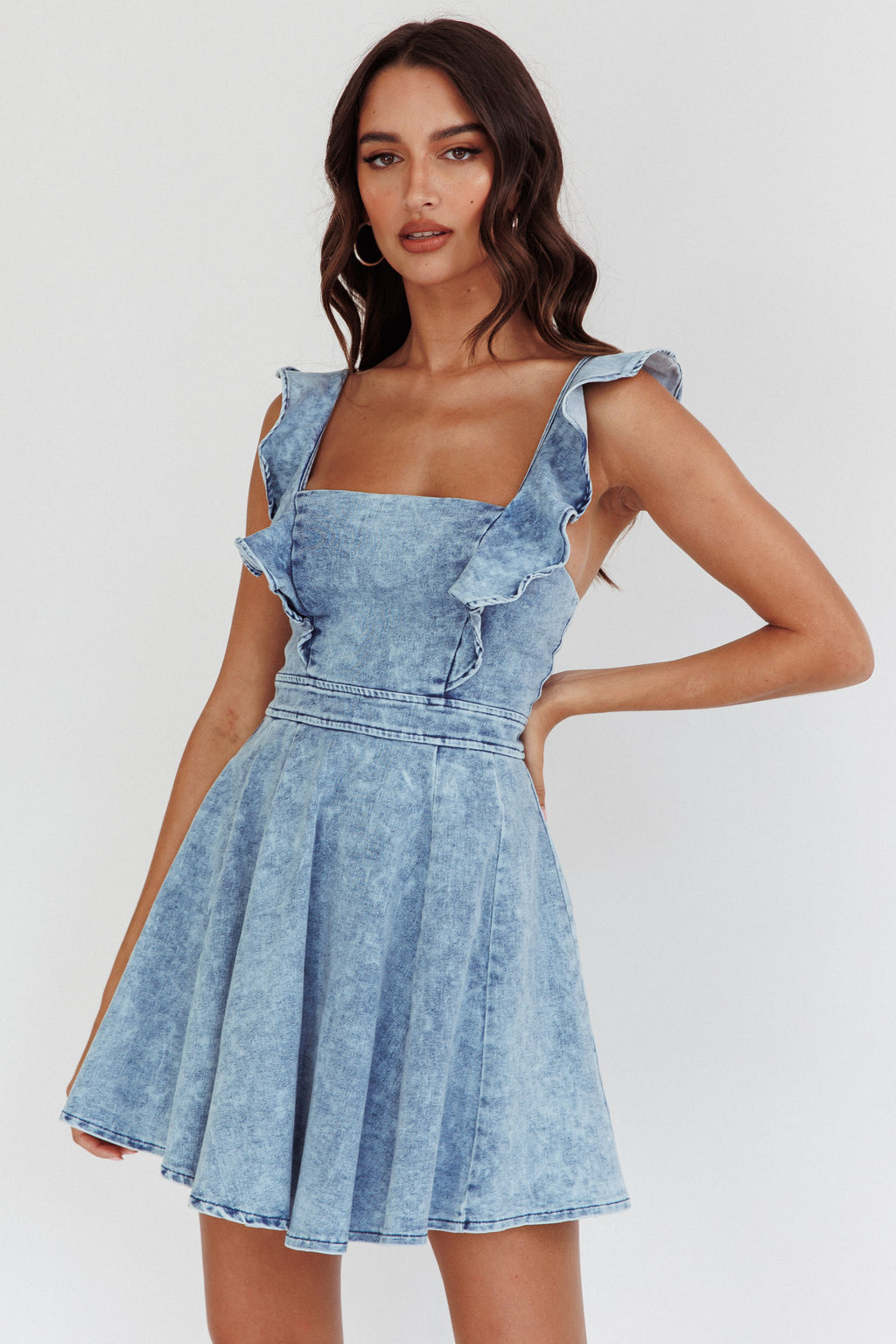 Nola Ruffle Strap Mini Dress Light Denim by Selfie Leslie Australia