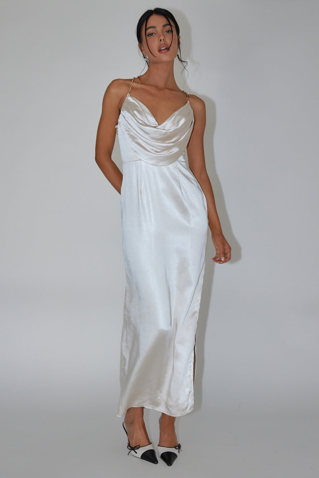 Emanuella Chain Strap Satin Midi Dress Champagne by Selfie Leslie Australia