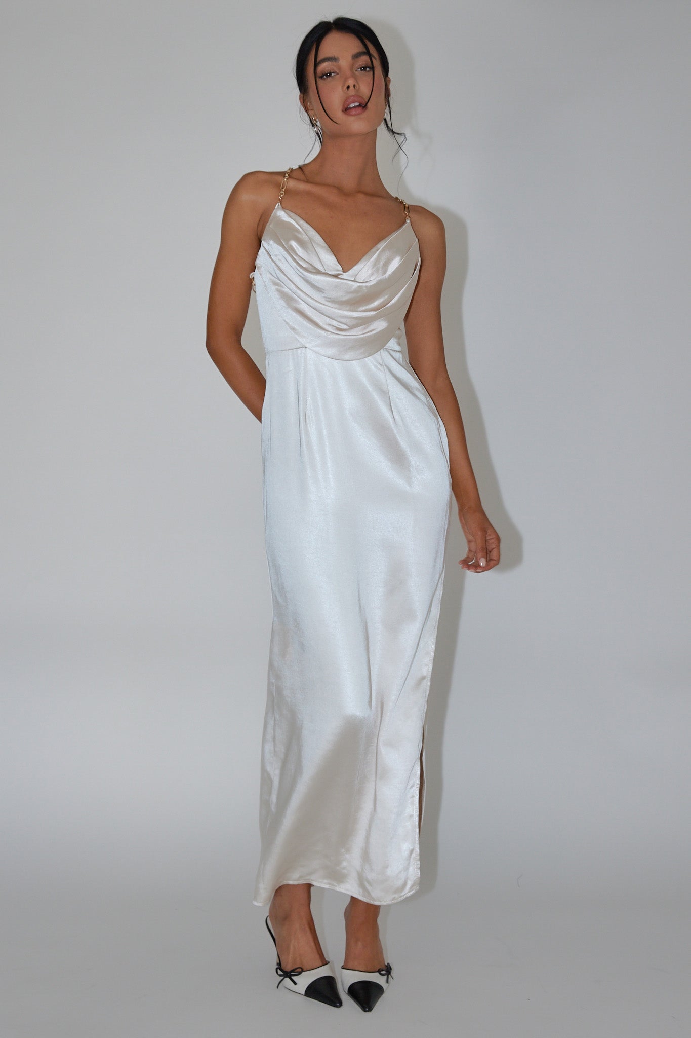 Emanuella Chain Strap Satin Midi Dress Champagne by Selfie Leslie Australia
