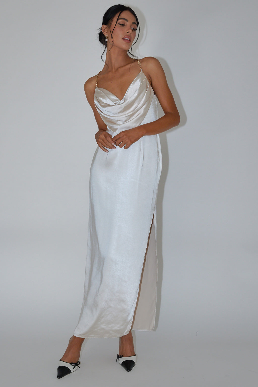 Emanuella Chain Strap Satin Midi Dress Champagne by Selfie Leslie Australia