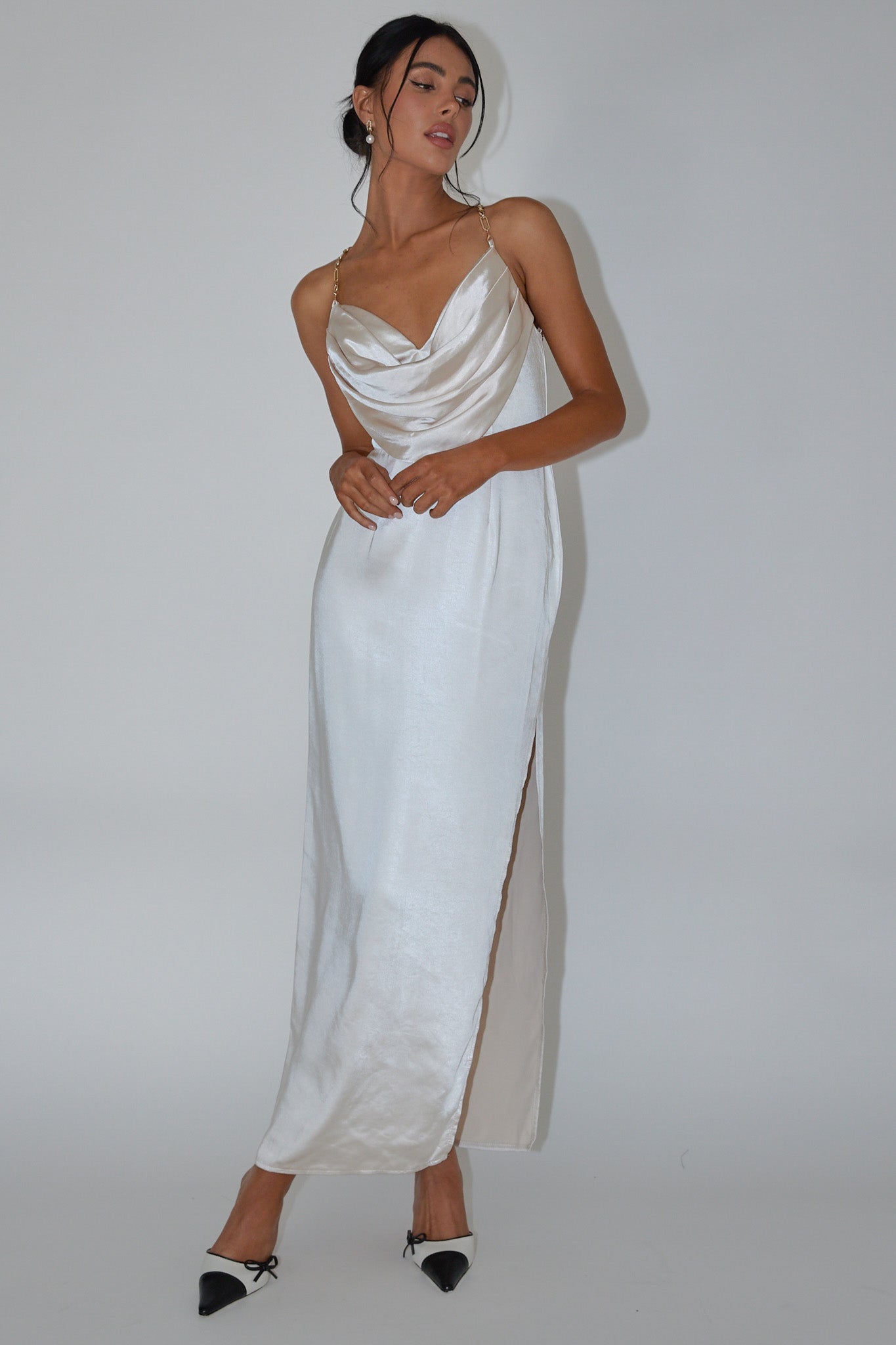 Emanuella Chain Strap Satin Midi Dress Champagne by Selfie Leslie Australia