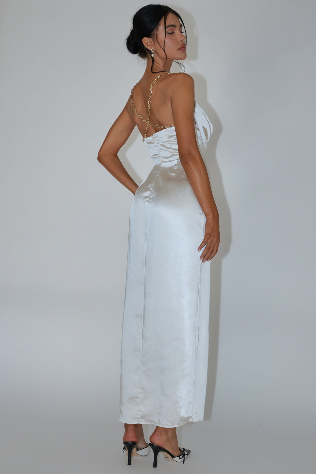 Emanuella Chain Strap Satin Midi Dress Champagne by Selfie Leslie Australia