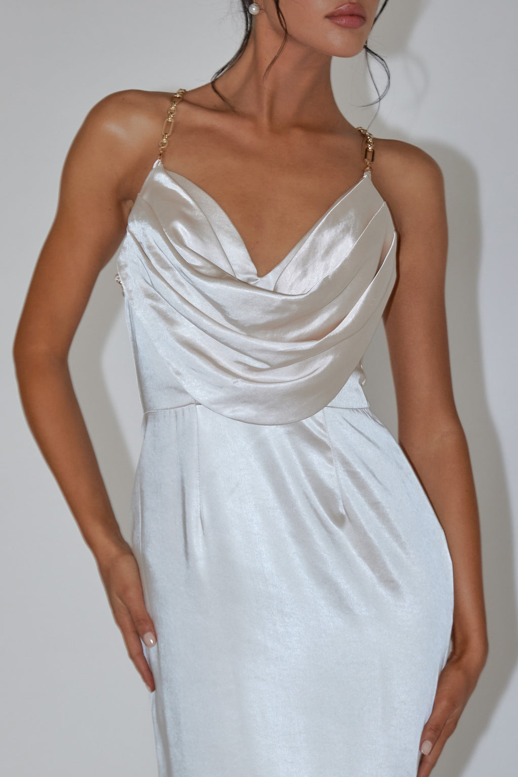 Emanuella Chain Strap Satin Midi Dress Champagne by Selfie Leslie Australia