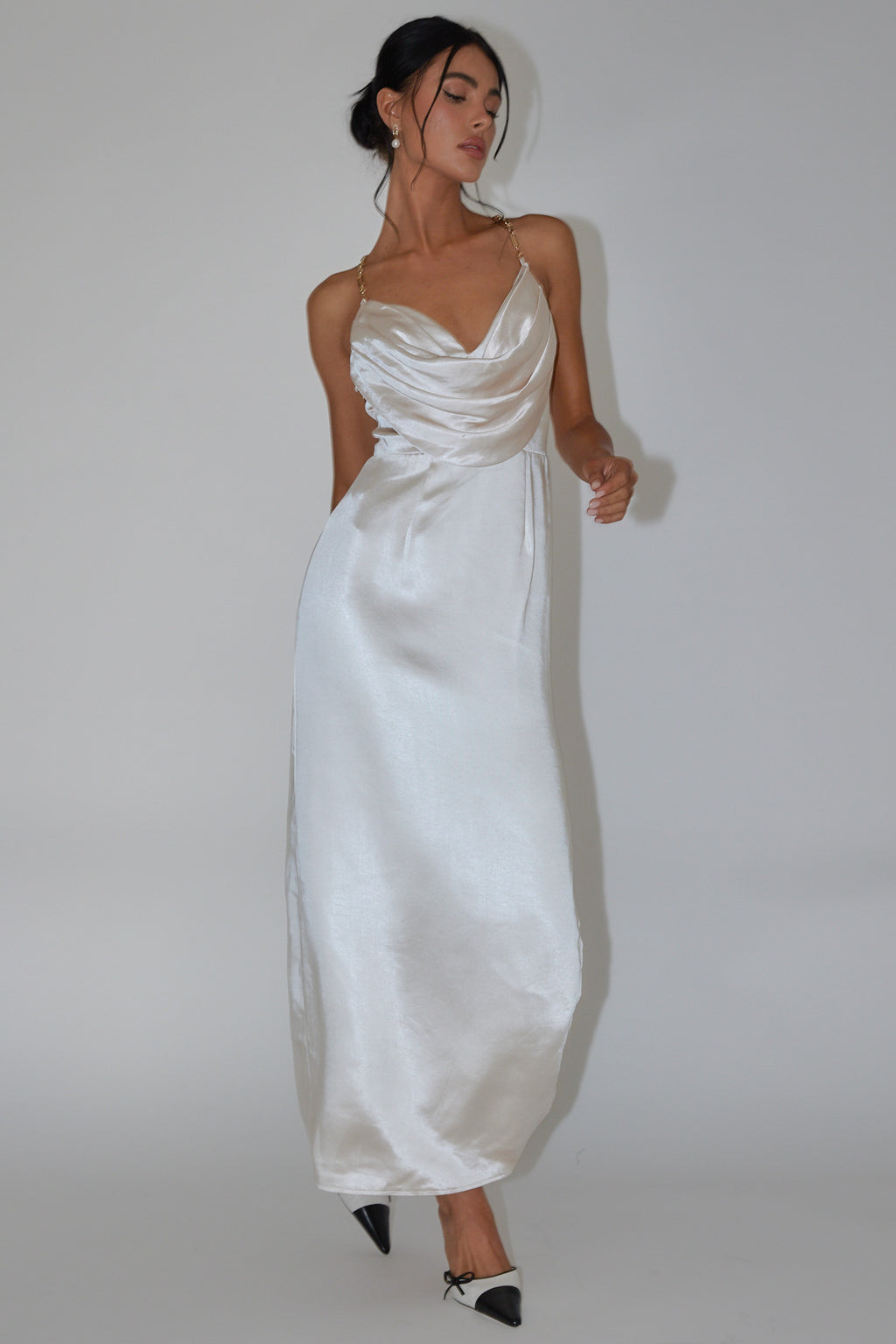 Emanuella Chain Strap Satin Midi Dress Champagne by Selfie Leslie Australia