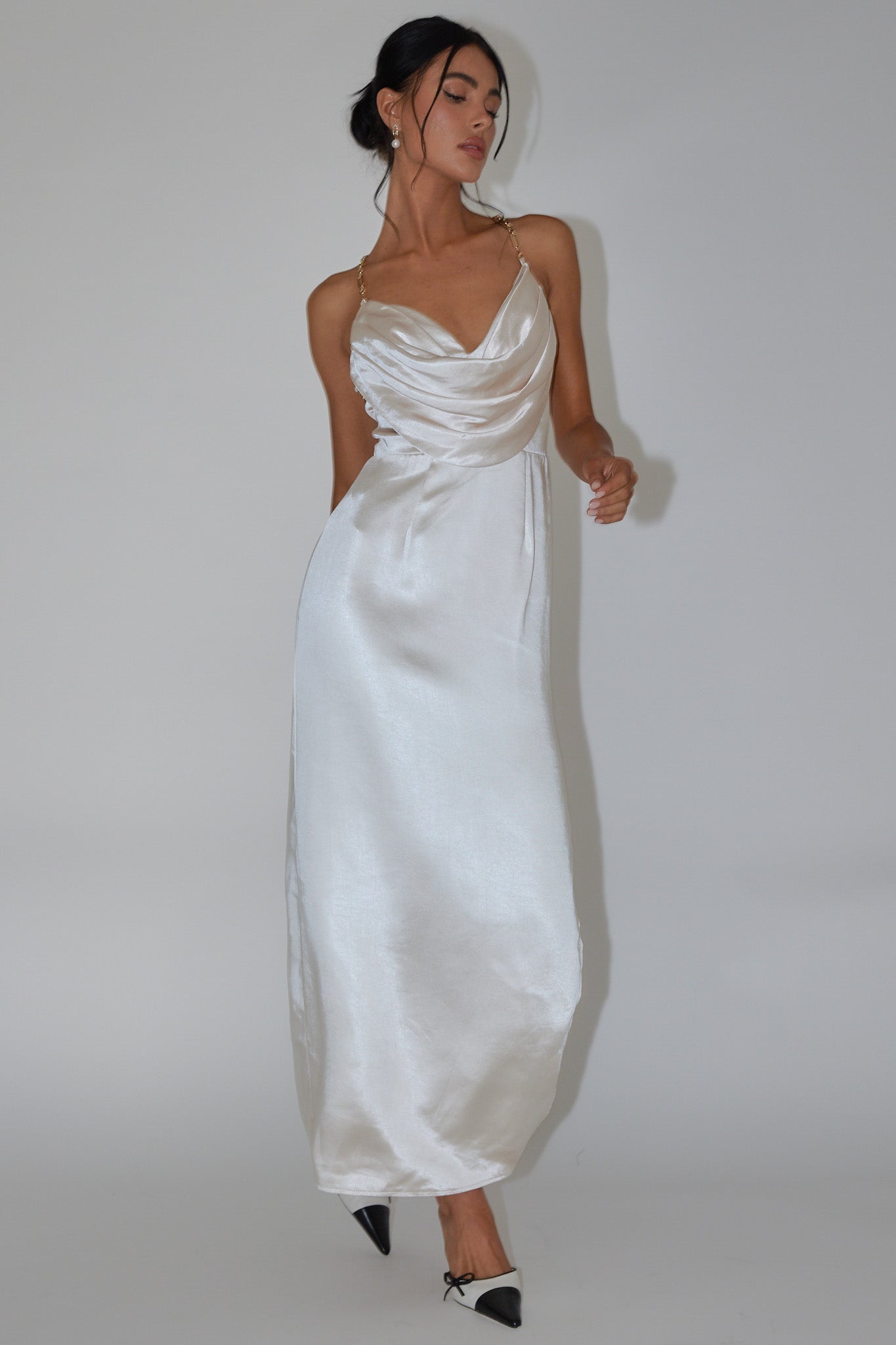 Emanuella Chain Strap Satin Midi Dress Champagne by Selfie Leslie Australia