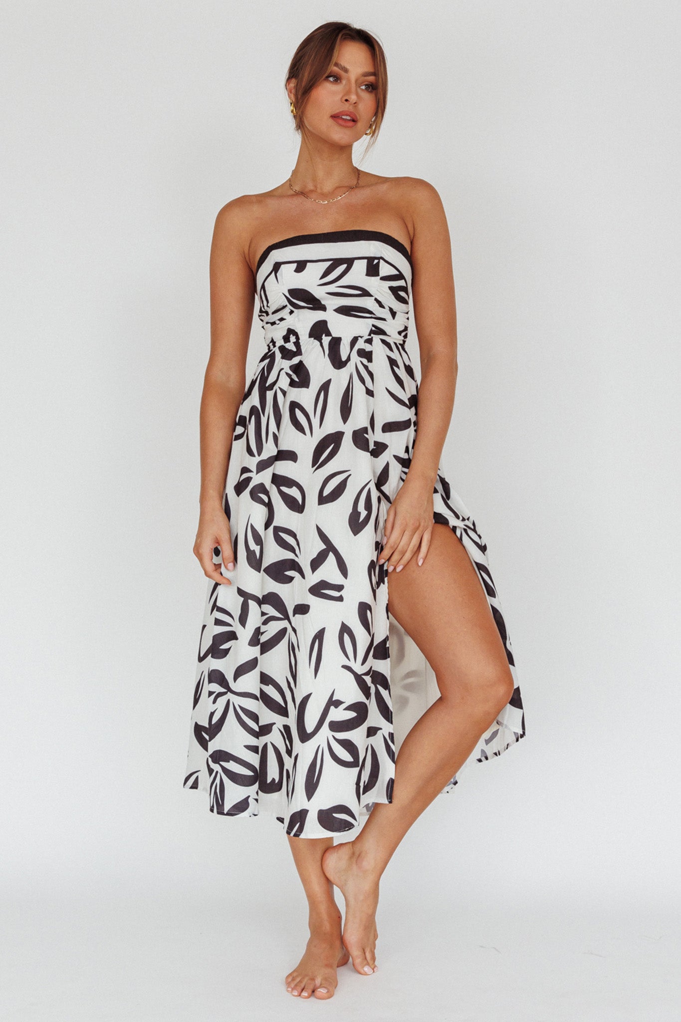 Randi Tie-Back Maxi Dress Leaf Print Beige by Selfie Leslie Australia