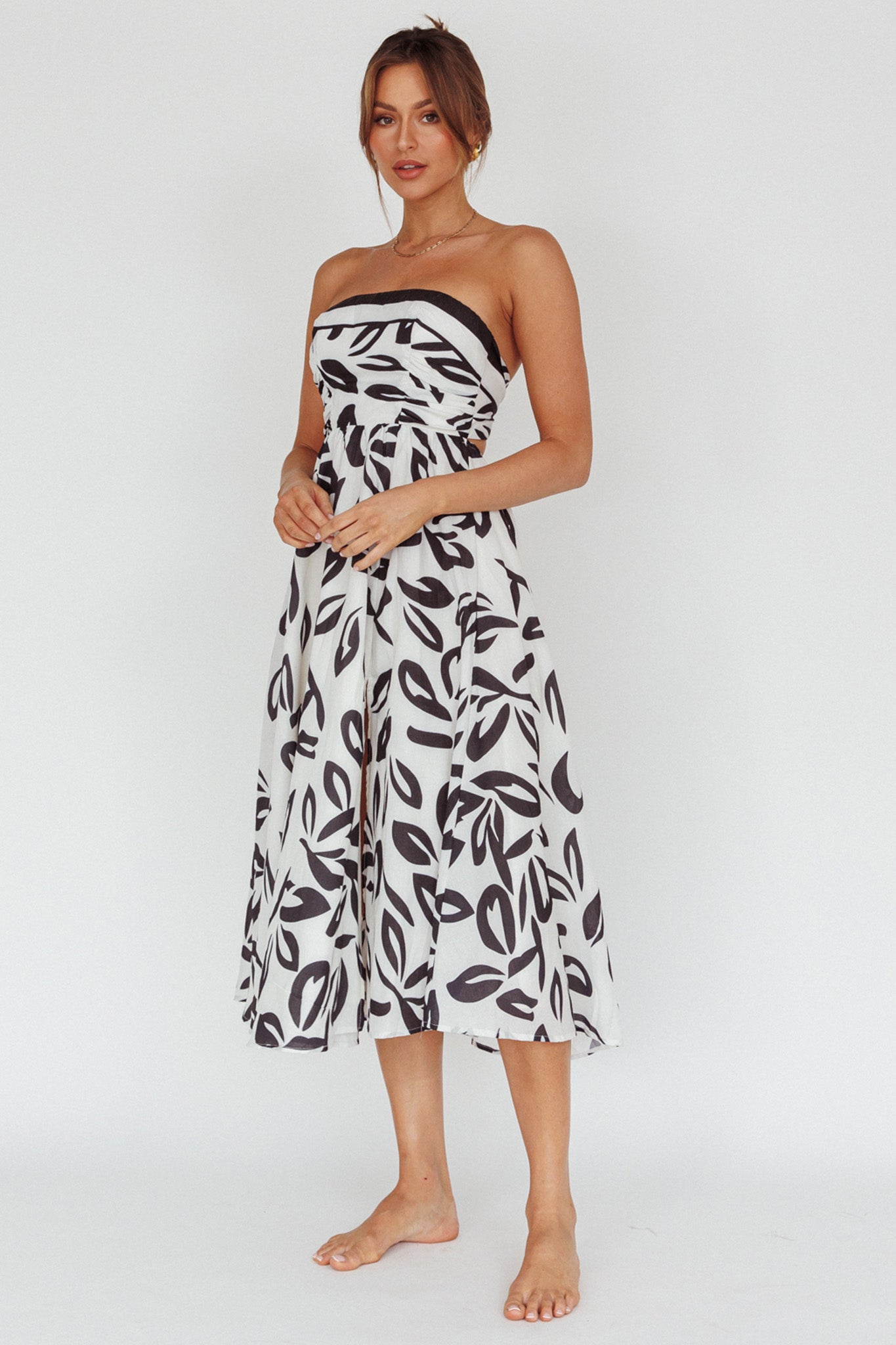 Randi Tie-Back Maxi Dress Leaf Print Beige by Selfie Leslie Australia