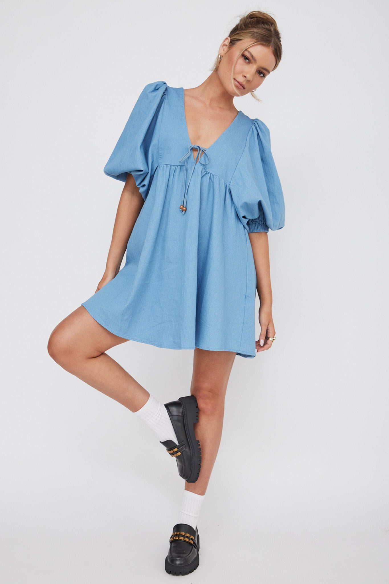 New Haven Puff Sleeve Swing Dress Denim by Selfie Leslie Australia
