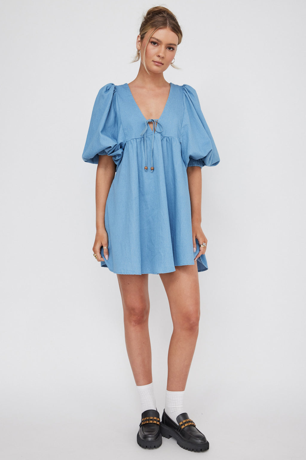 New Haven Puff Sleeve Swing Dress Denim by Selfie Leslie Australia