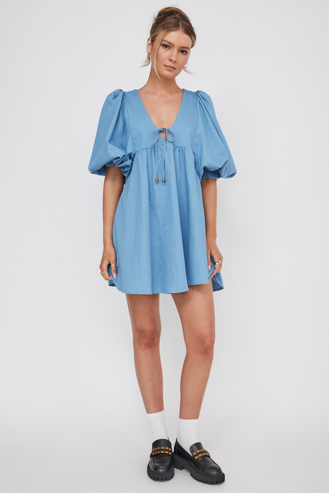New Haven Puff Sleeve Swing Dress Denim by Selfie Leslie Australia