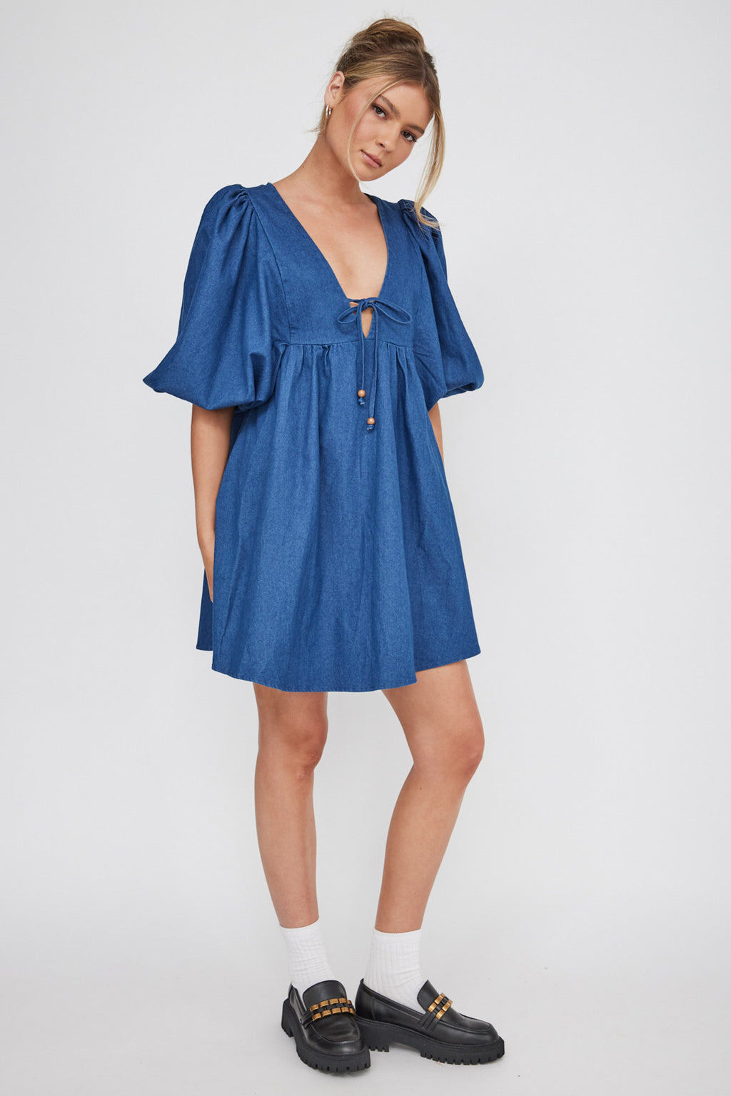 New Haven Puff Sleeve Swing Dress Indigo by Selfie Leslie Australia