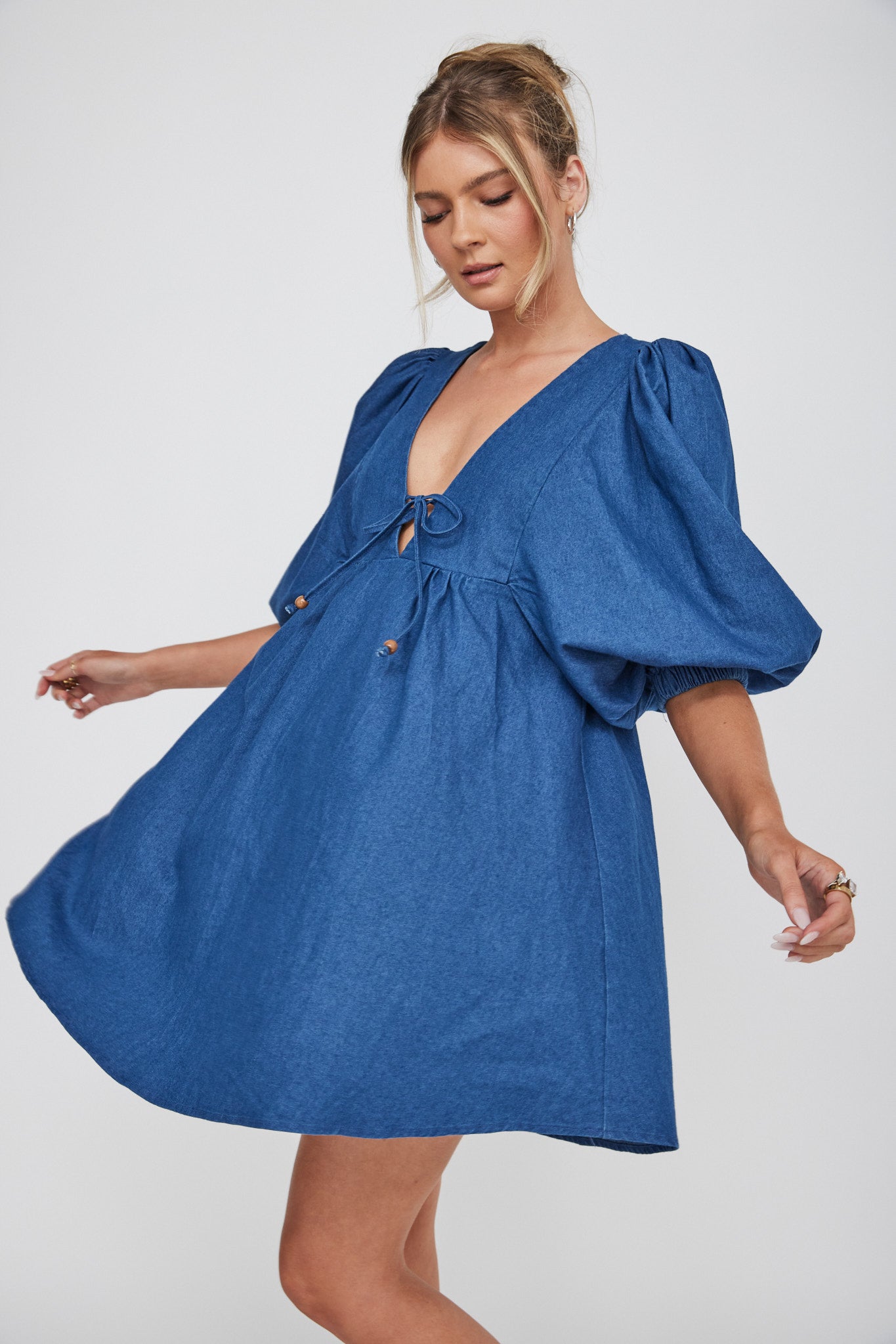 New Haven Puff Sleeve Swing Dress Indigo by Selfie Leslie Australia