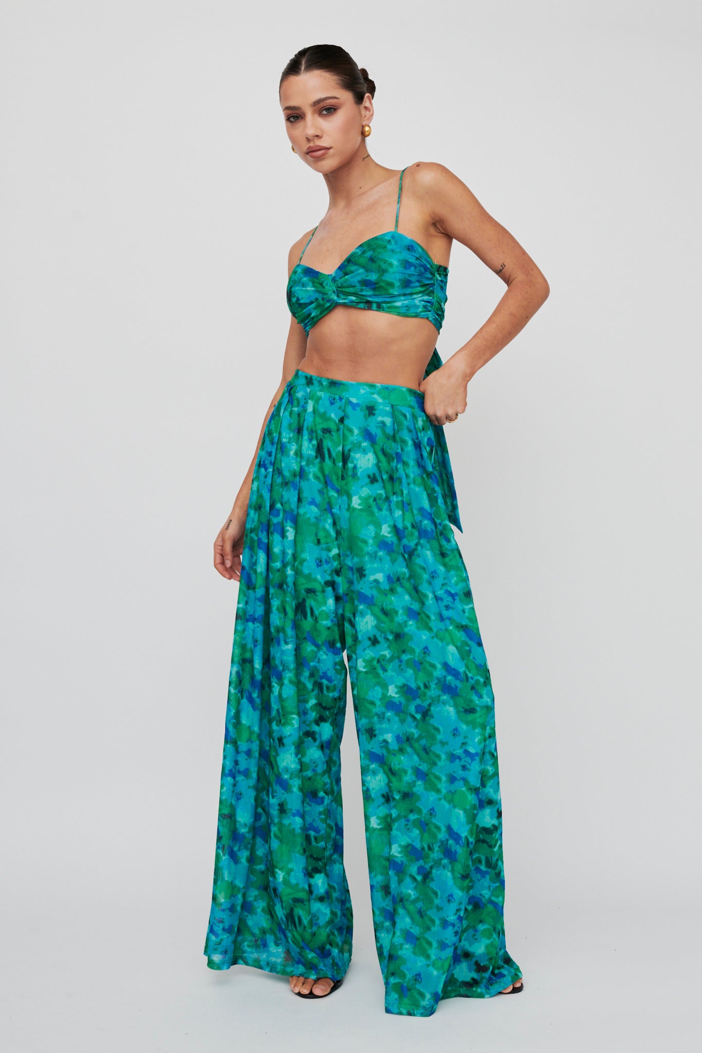 Tammi Wide Leg Satin Pants Floral Green by Selfie Leslie Australia