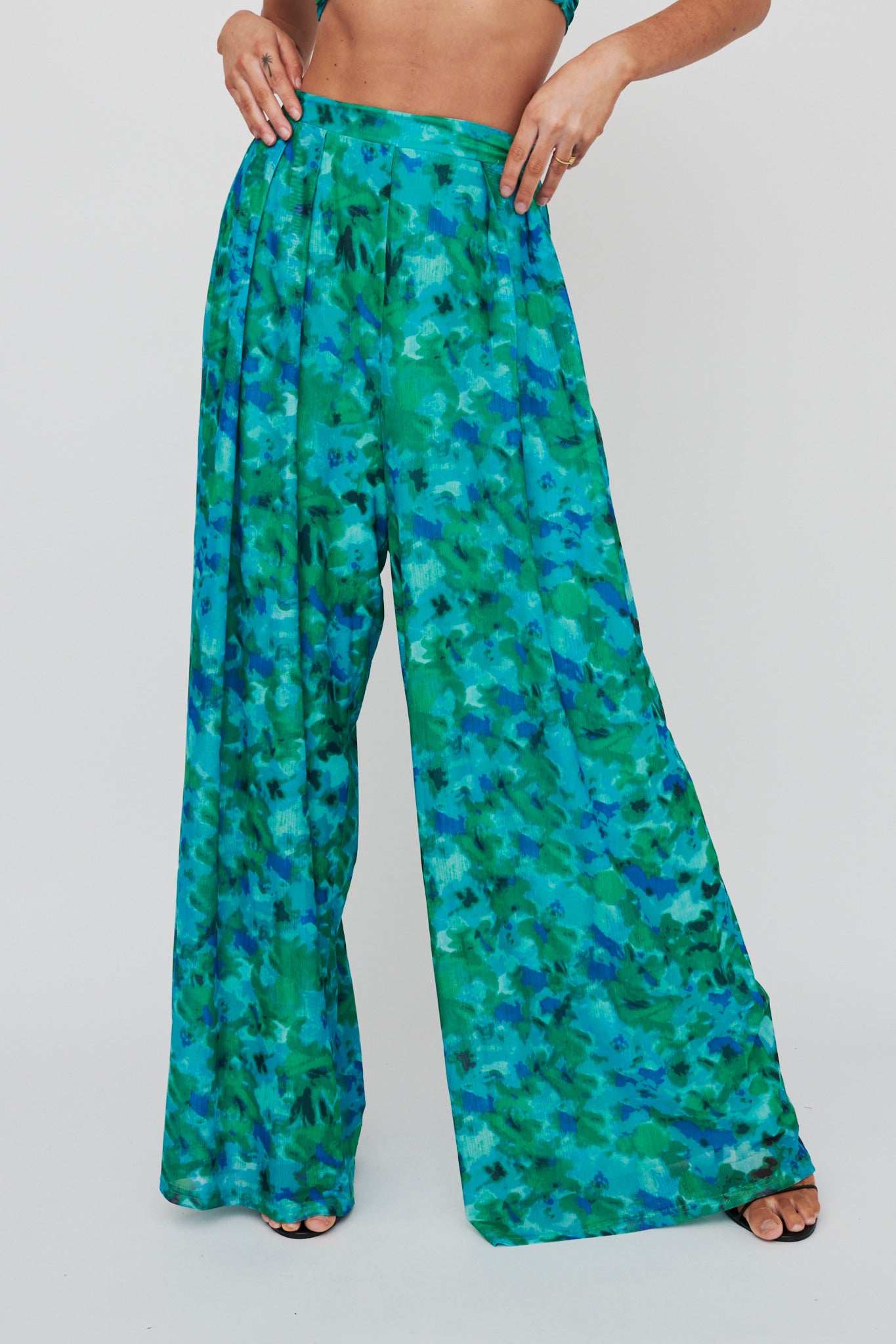 Tammi Wide Leg Satin Pants Floral Green by Selfie Leslie Australia