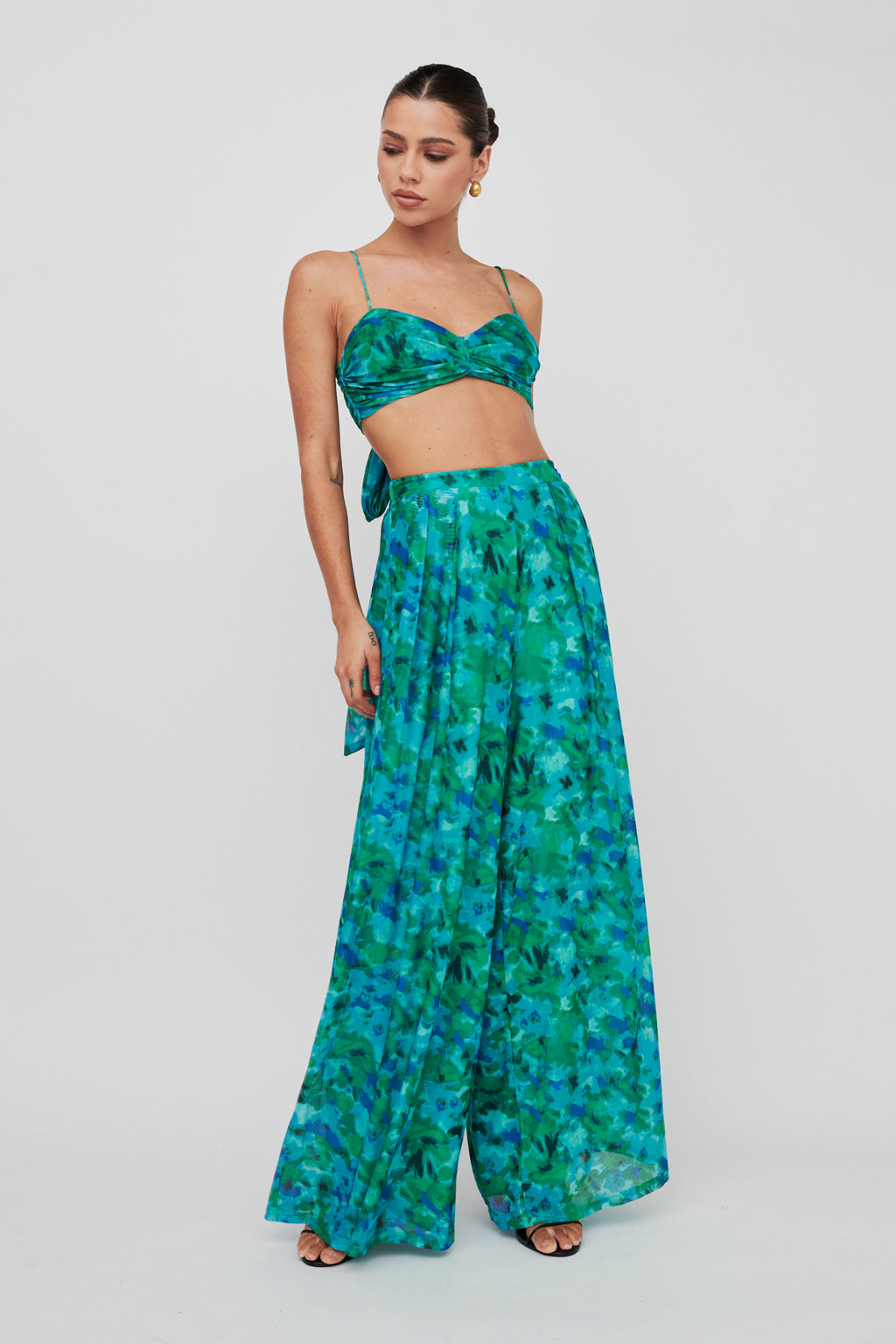 Tammi Wide Leg Satin Pants Floral Green by Selfie Leslie Australia