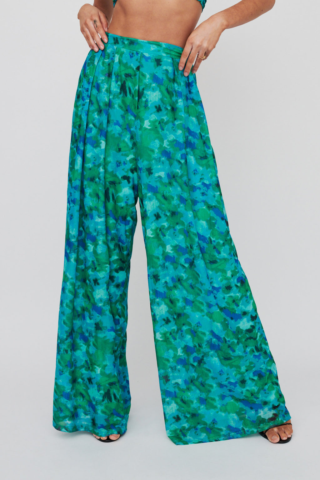 Tammi Wide Leg Satin Pants Floral Green by Selfie Leslie Australia