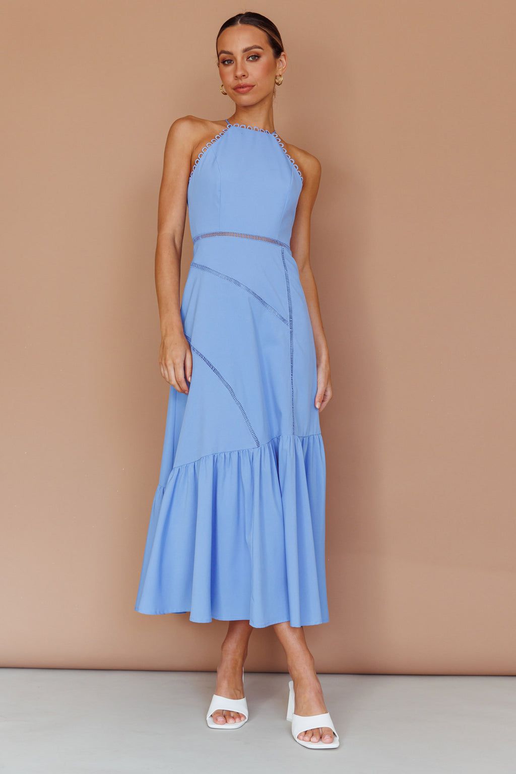 Felini Criss-Cross Back Flounce Midi Dress Blue by Selfie Leslie Australia