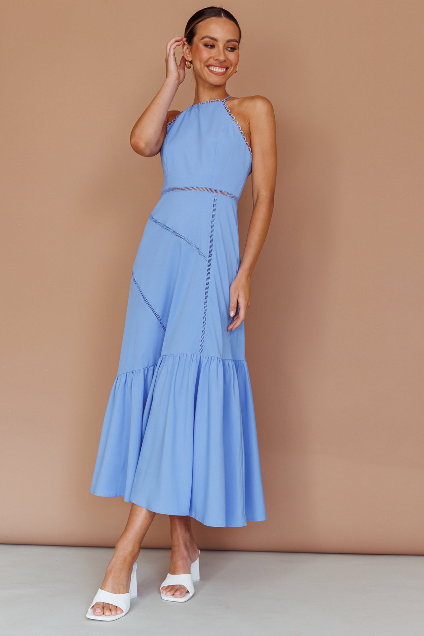 Felini Criss-Cross Back Flounce Midi Dress Blue by Selfie Leslie Australia