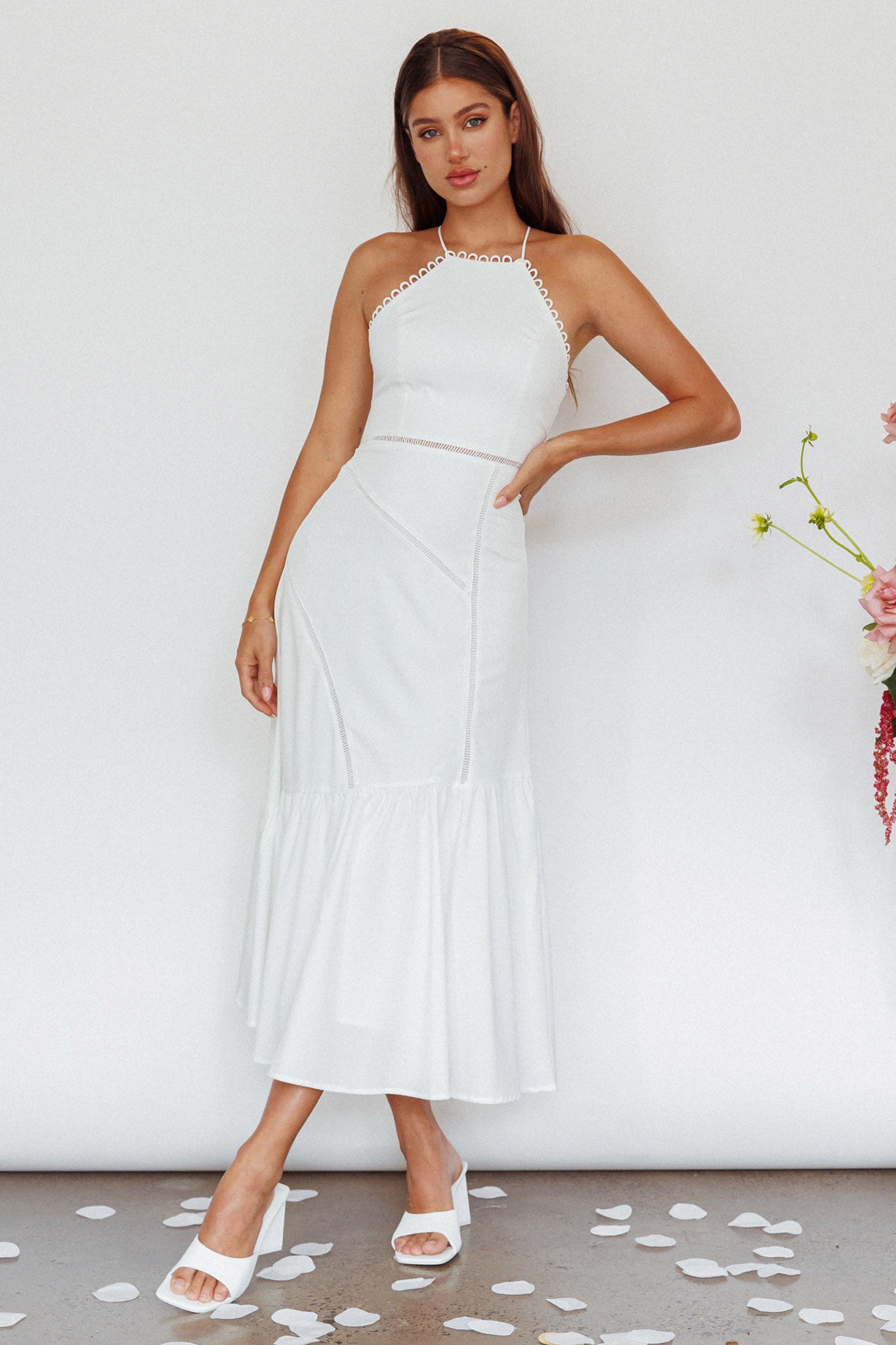 Felini Criss-Cross Back Flounce Midi Dress White by Selfie Leslie Australia