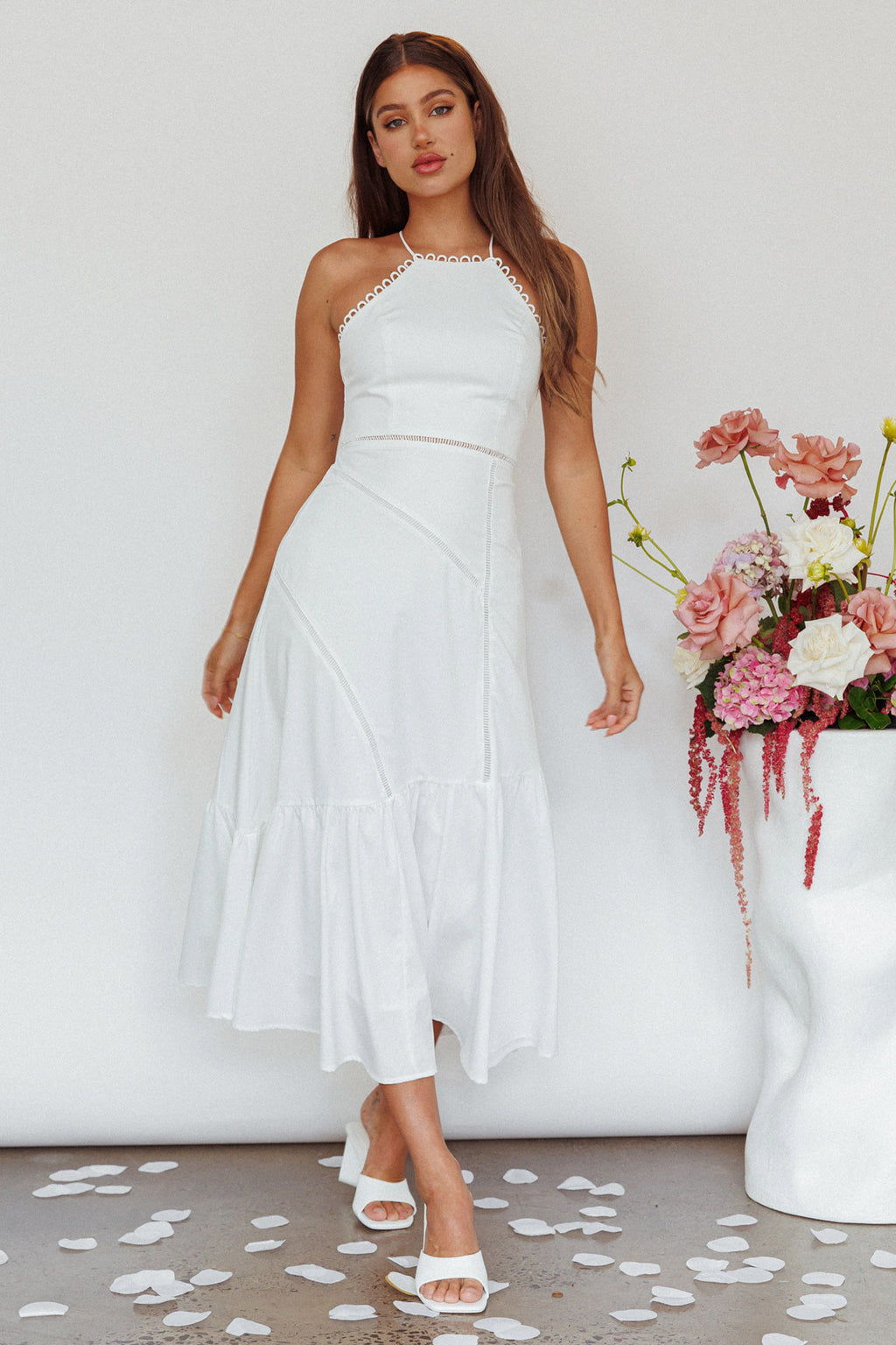 Felini Criss-Cross Back Flounce Midi Dress White by Selfie Leslie Australia