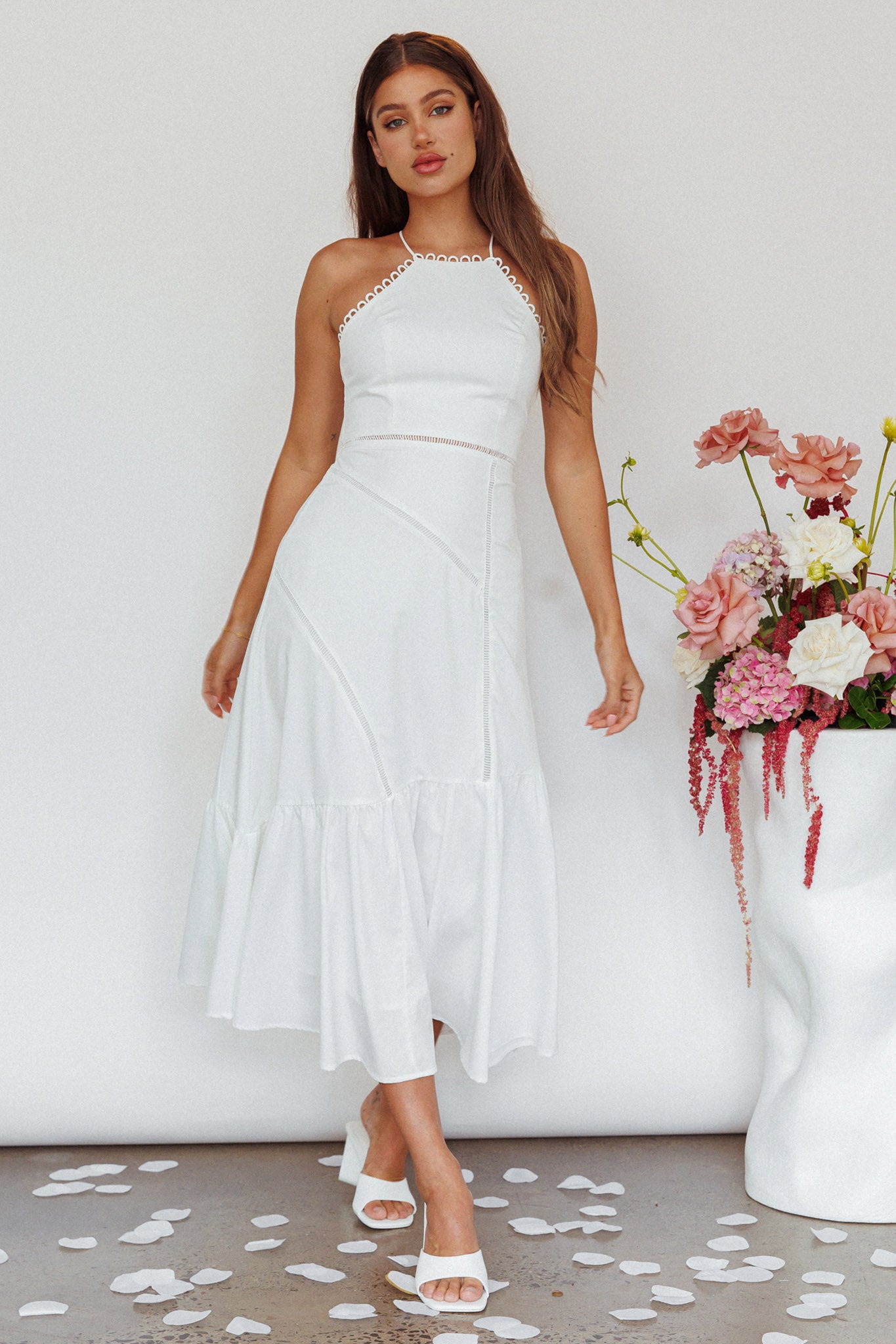 Felini Criss-Cross Back Flounce Midi Dress White by Selfie Leslie Australia