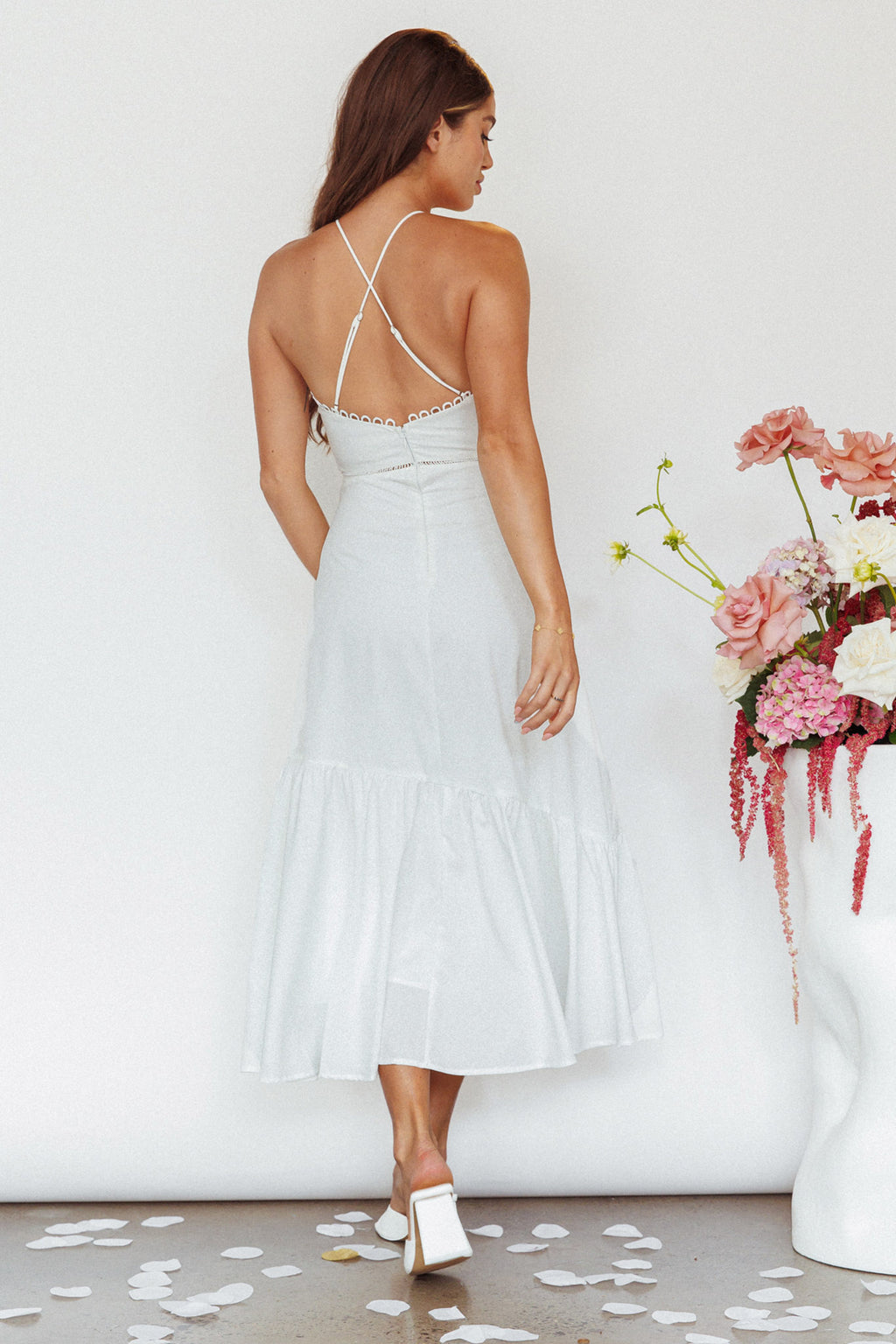 Felini Criss-Cross Back Flounce Midi Dress White by Selfie Leslie Australia